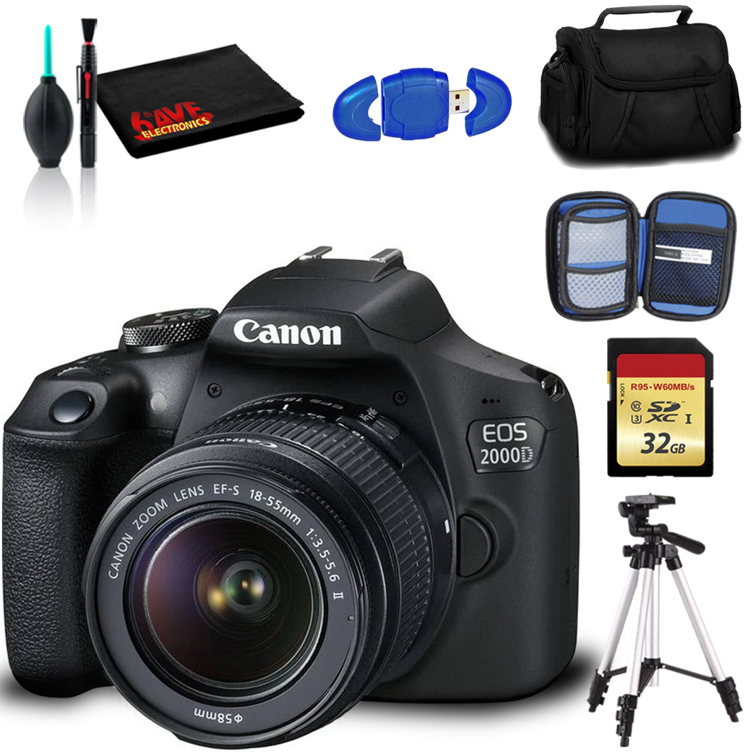 Canon EOS 2000D DSLR Camera with EF-S 18-55mm f/3.5-5.6 IS II Lens Intl Model with Memory Kit, Case, Tripod, and More