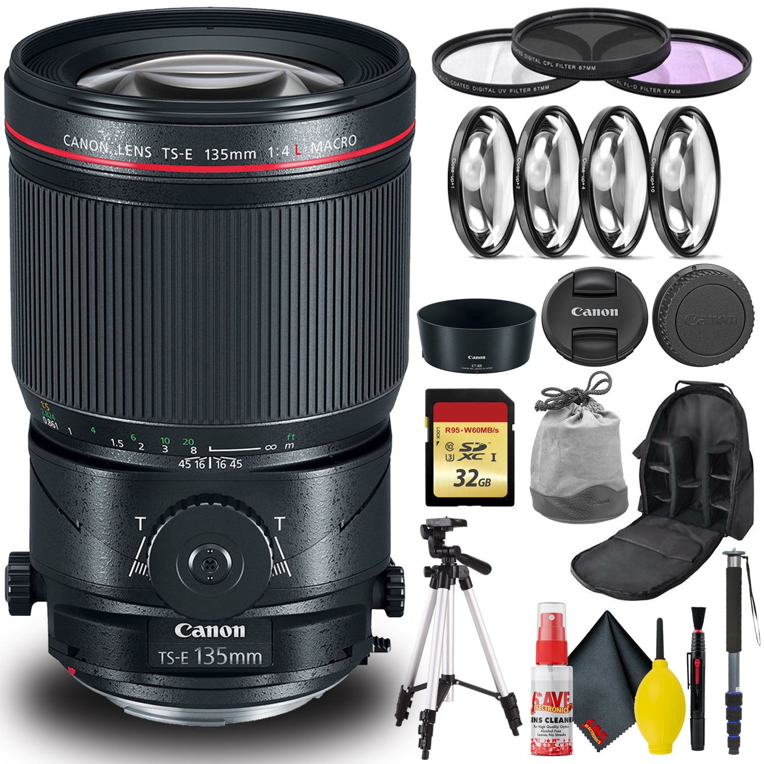 Canon TS-E 135mm Macro Tilt-Shift Lens (Intl Model) + Filters + 32GB SD Bundle