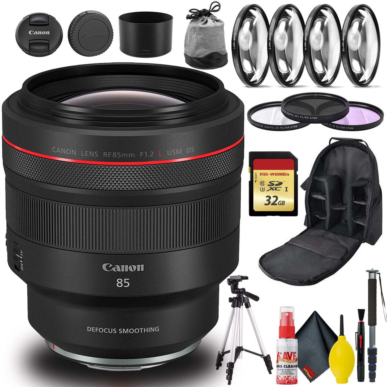 Canon RF 85mm f/1.2L USM DS Lens Bundle with 32GB Memory, Tripod, Bag, and More