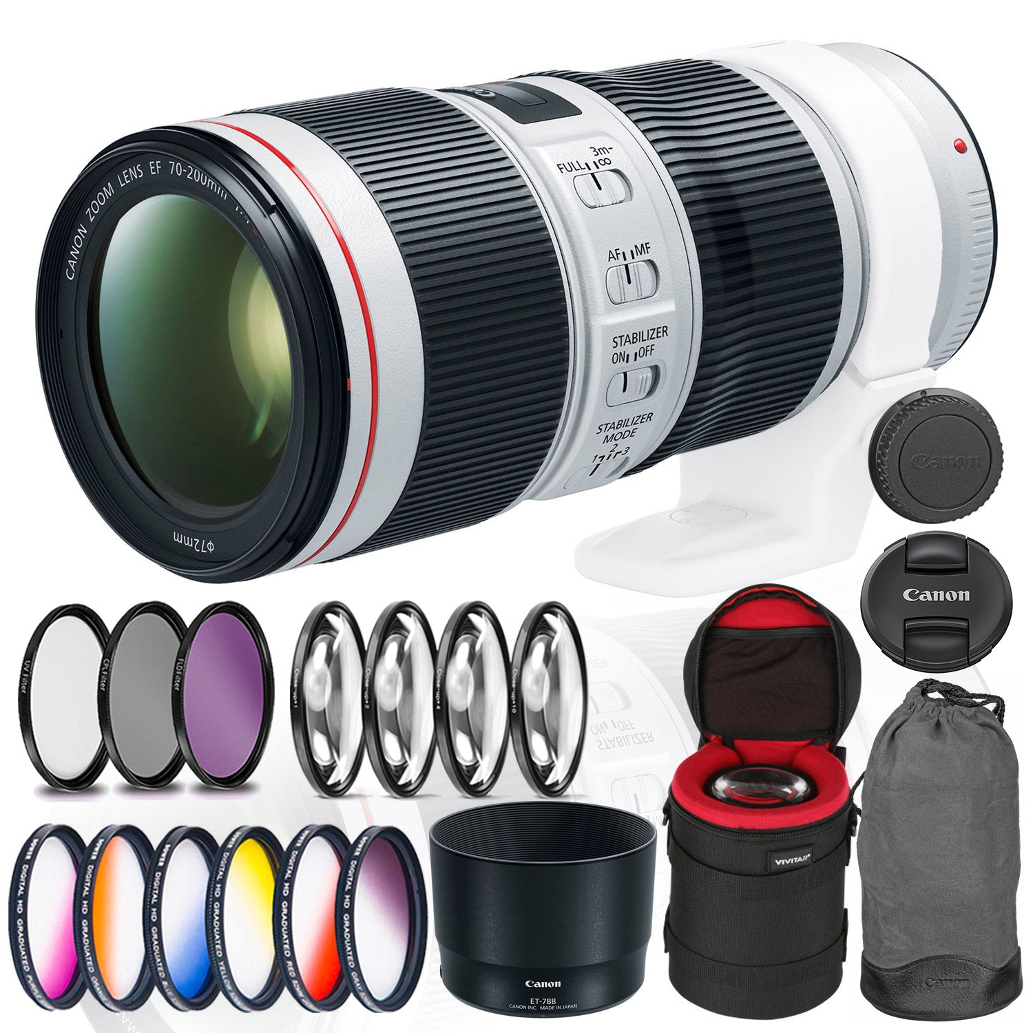 Canon EF 70-200mm f/4L IS II USM Lens Bundle with Cleaning Kit, Filter Kits, and Padded Lens Case (International Model)