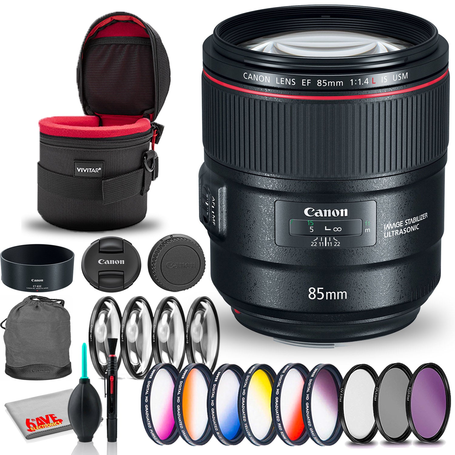 Canon EF 85mm f/1.4L IS USM Lens Bundle with Cleaning Kit, Filter Kit, and Padded Lens Case (International Model)