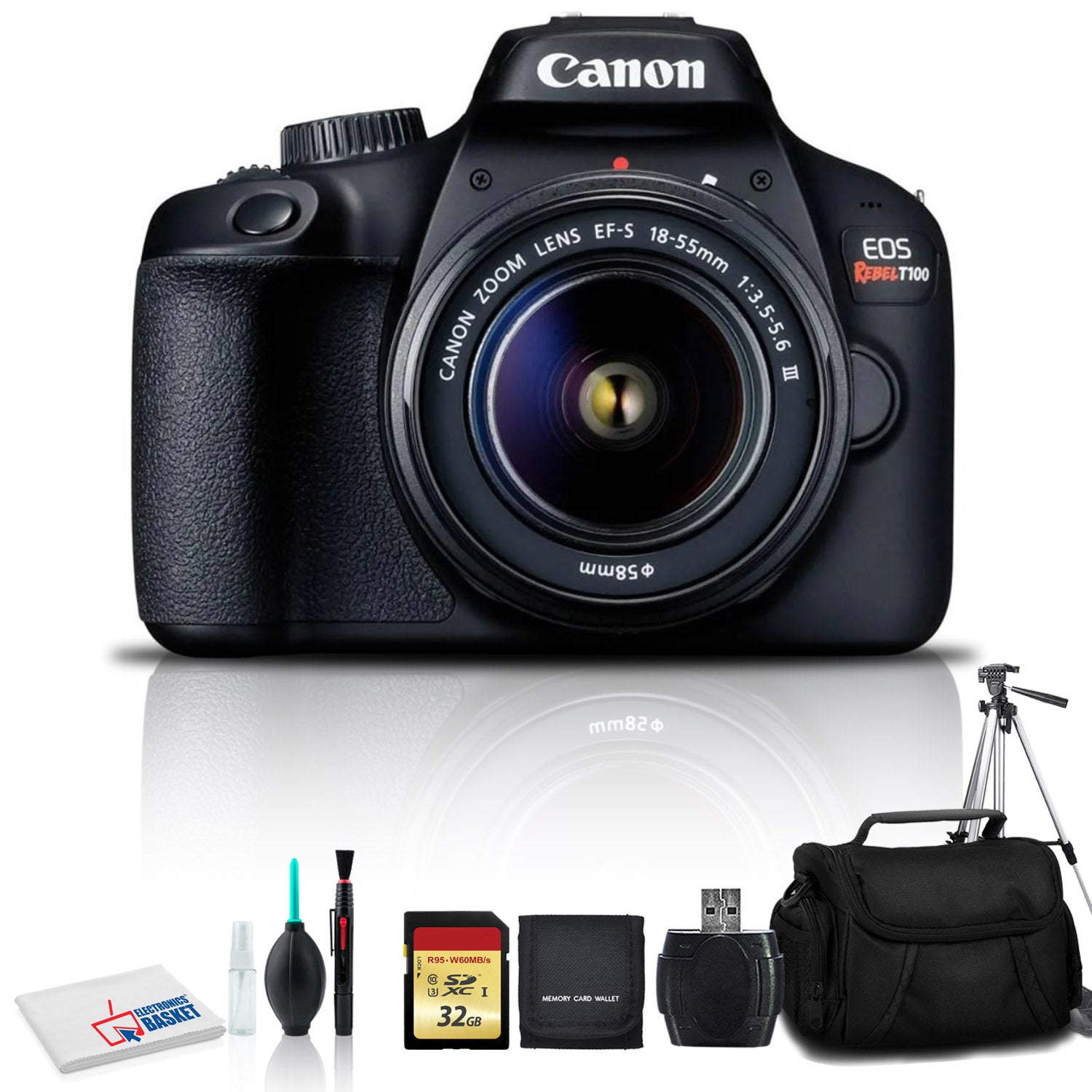 Canon EOS Rebel T100 DSLR Camera with 18-55mm Lens, Cleaning Kit, 32GB Memory Kit, Carry Case, and Full Size Tripod