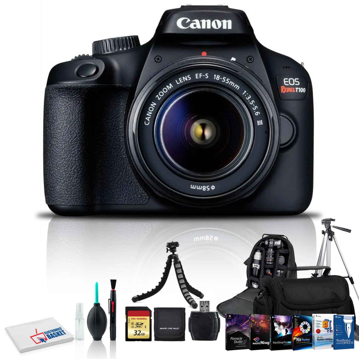 Canon EOS Rebel T100 DSLR Camera with 18-55mm Lens, Cleaning Kit, 32GB Memory, Carry Case, Backpack, Tripods, Corel Software Kit