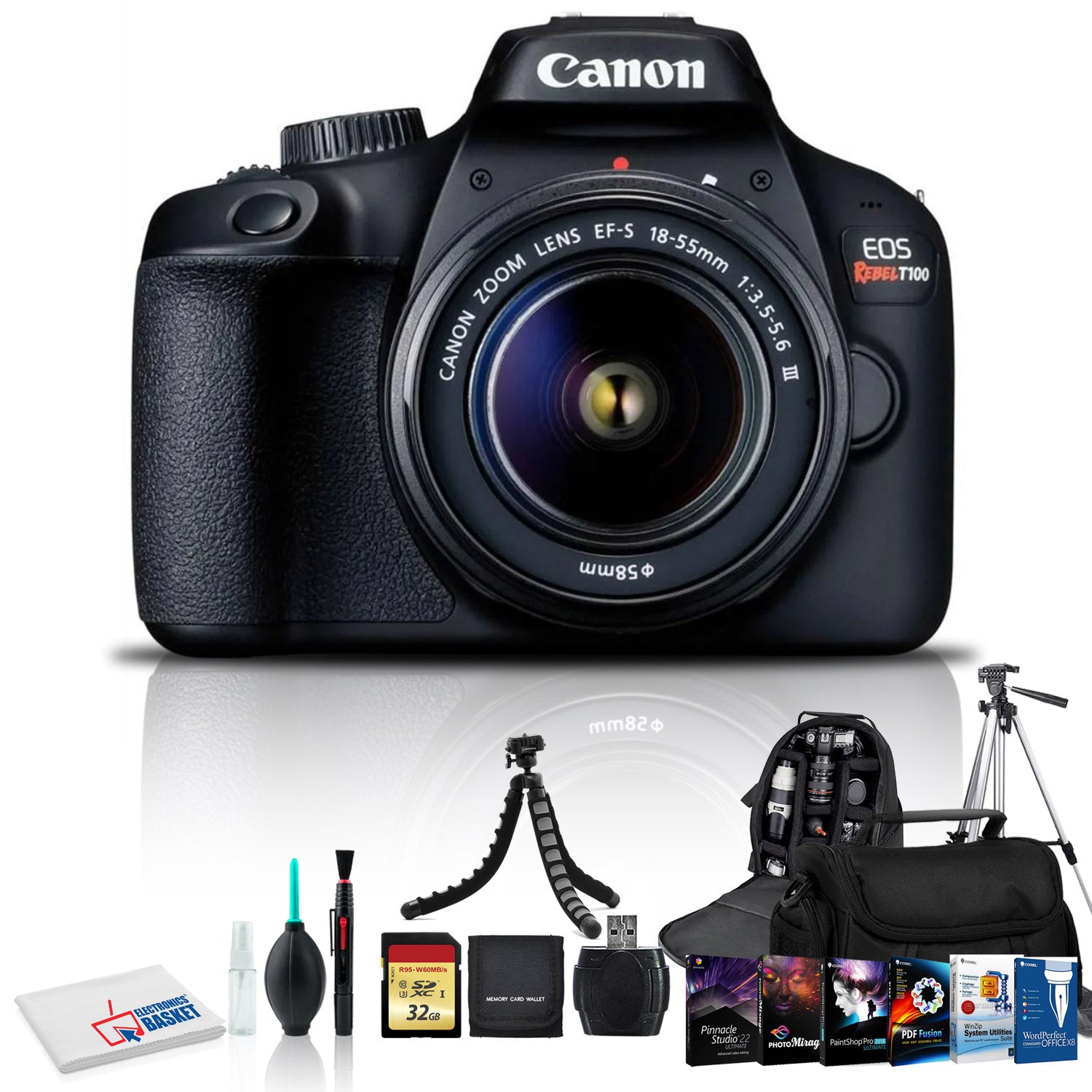 Canon EOS Rebel T100 DSLR Camera with 18-55mm Lens, Cleaning Kit, 32GB Memory, Carry Case, Backpack, Corel Software Kit