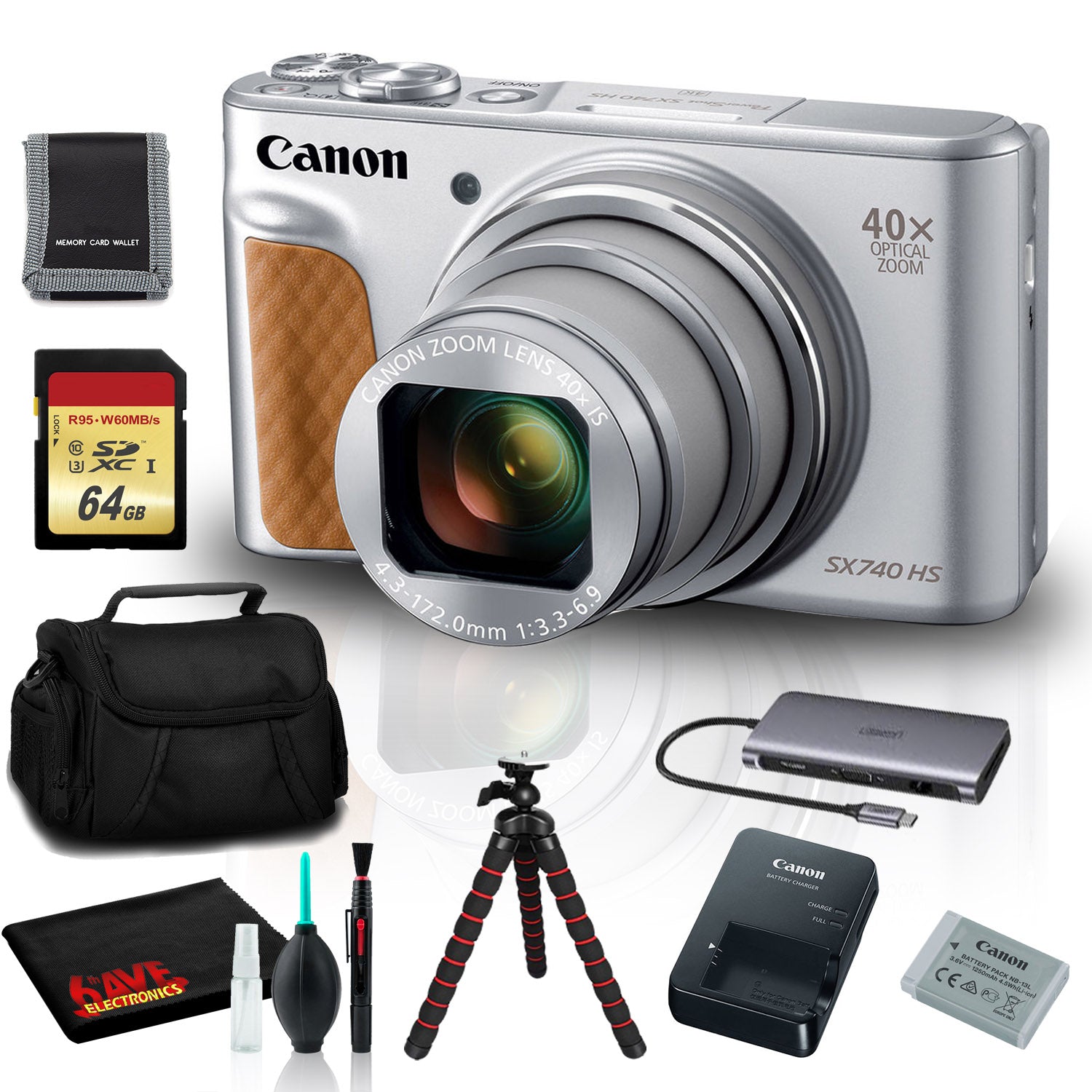 Canon PowerShot SX740 HS Digital Camera (Silver) with 64GB SD, Tripod, and More