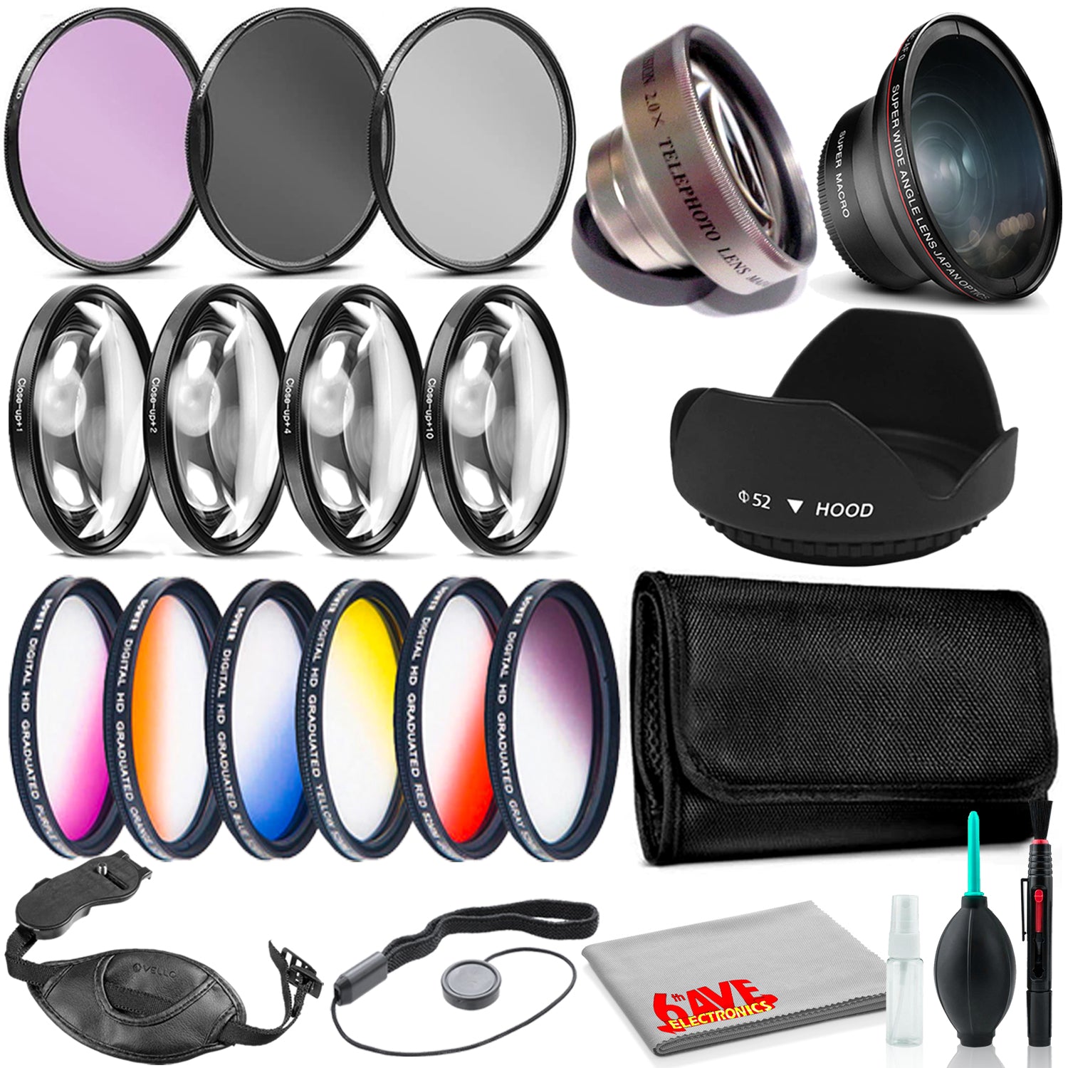 52mm Accessories Kit with Wide Angle and Telephoto Lens, Tulip Hood Bundle