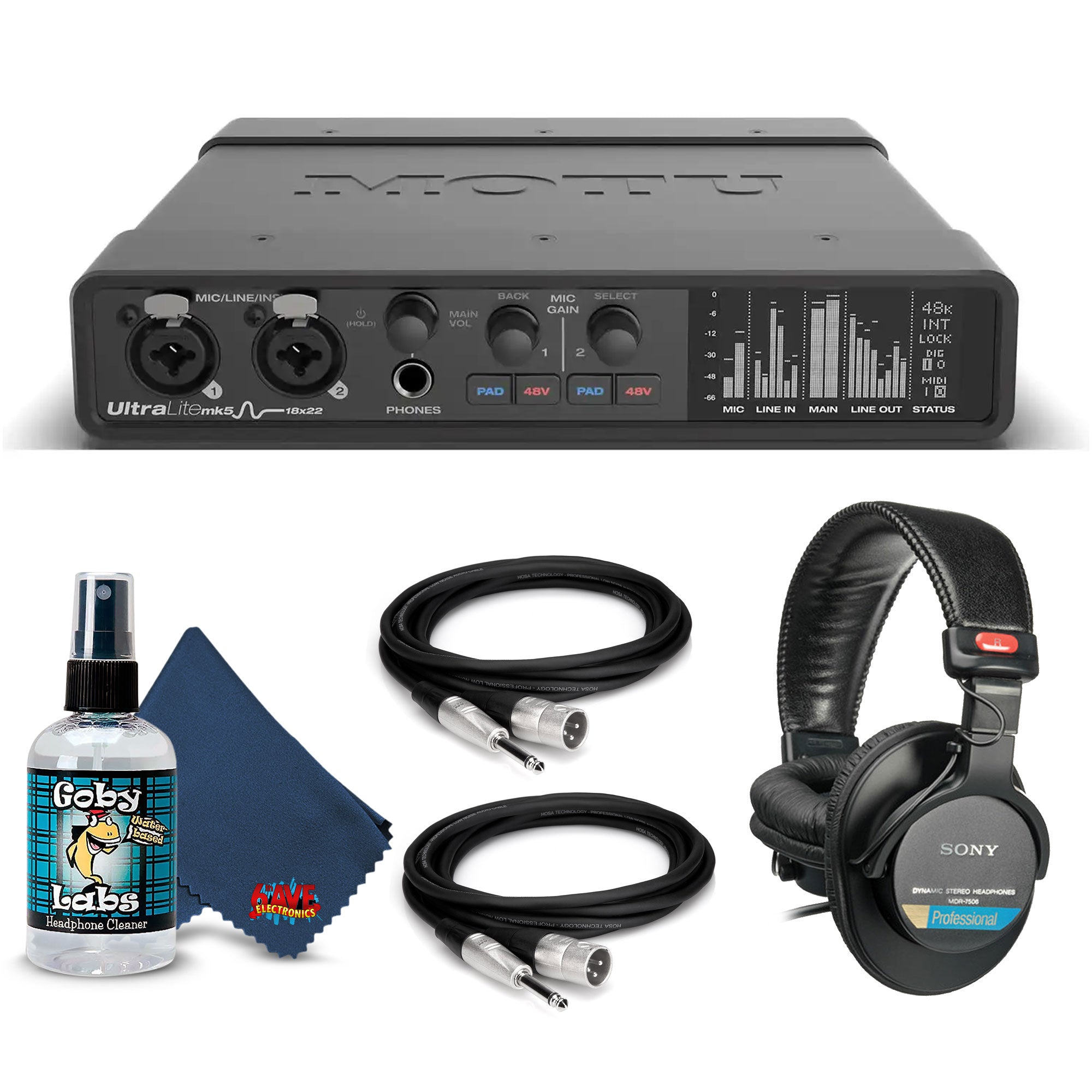 MOTU UltraLite-mk5 USB Audio Interface Bundle with Headphone, XLR Cables, and 6Ave Cleaning Kit