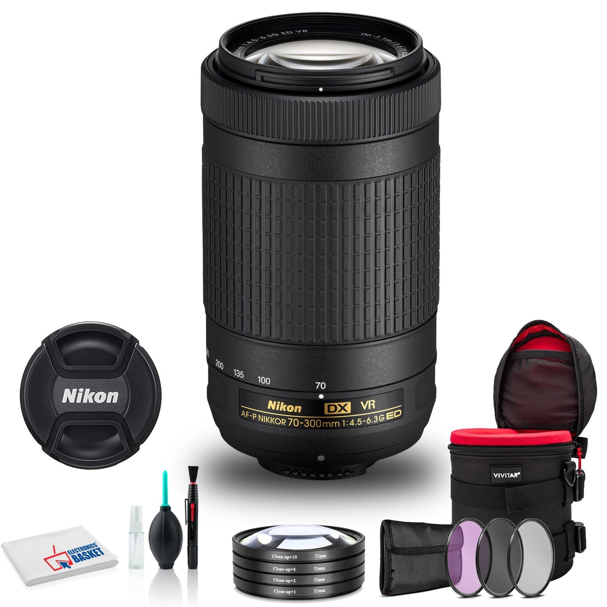 Nikon AF-P DX NIKKOR 70-300mm f/4.5-6.3G ED VR Lens INTL Model with Cleaning Kit, Filter Kit, Padded Lens Case, and More Nikon