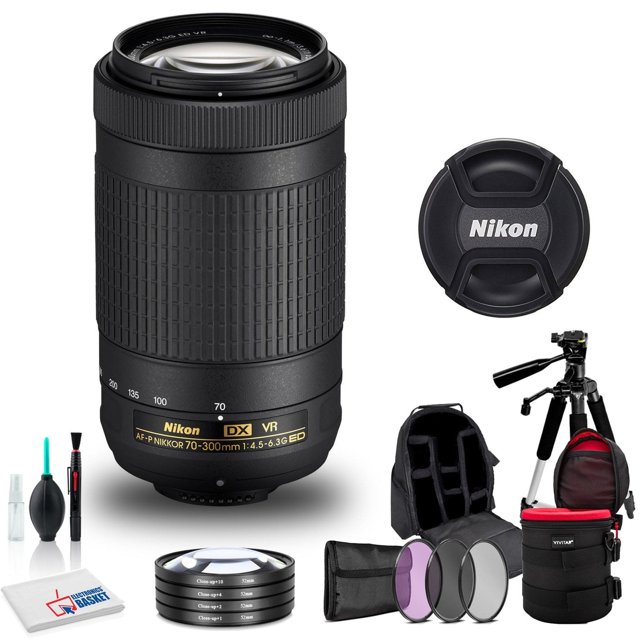 Nikon AF-P DX NIKKOR 70-300mm f/4.5-6.3G ED VR Lens INTL Model with Cleaning Kit, Tripod, Backpack, and More Nikon