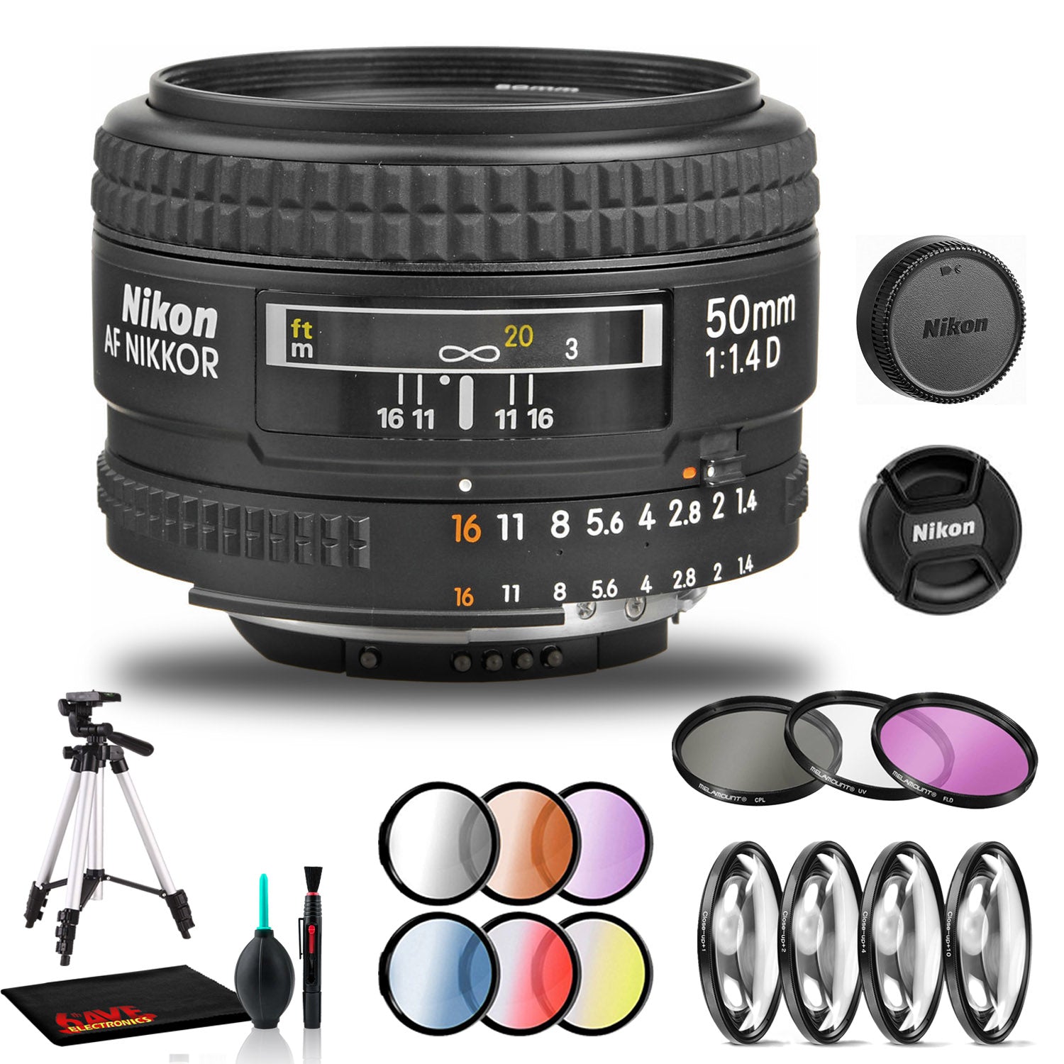 Nikon AF NIKKOR 50mm f/1.4D Lens Includes Filter Kits and Tripod (Intl Model) Bundle