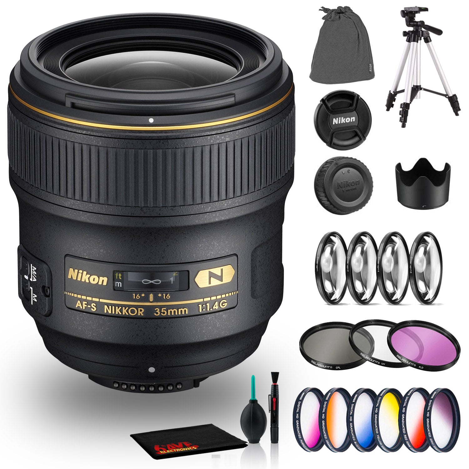 Nikon AF-S NIKKOR 35mm f/1.4G Lens Includes Filter Kits and Tripod Intl Model Bundle