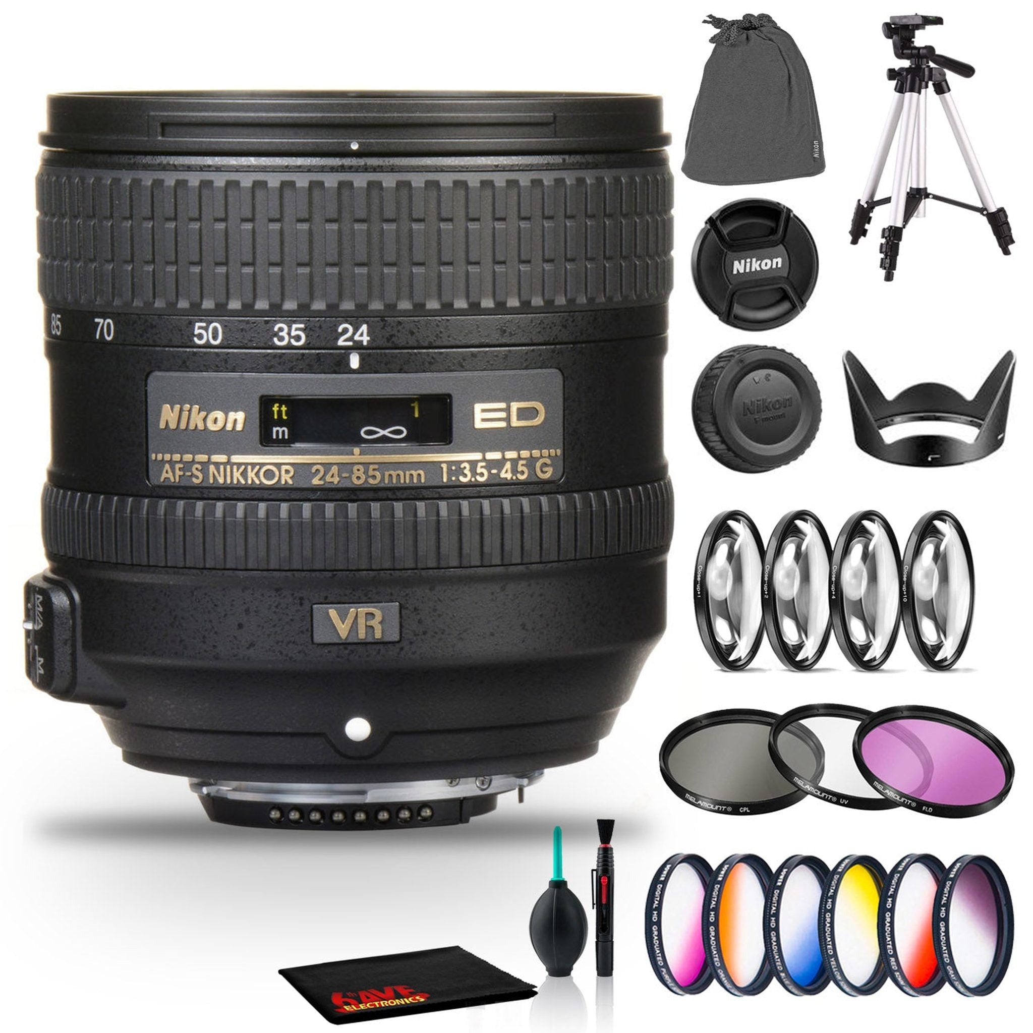 Nikon AF-S NIKKOR 24-85mm f/3.5-4.5G ED VR Lens Includes Filter Kits and Tripod Intl Model Nikon