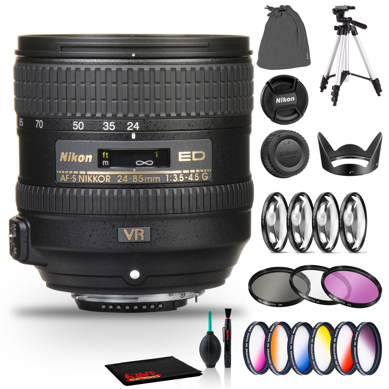 Nikon AF-S NIKKOR 24-85mm f/3.5-4.5G ED VR Lens Includes Filter Kits and Tripod Intl Model
