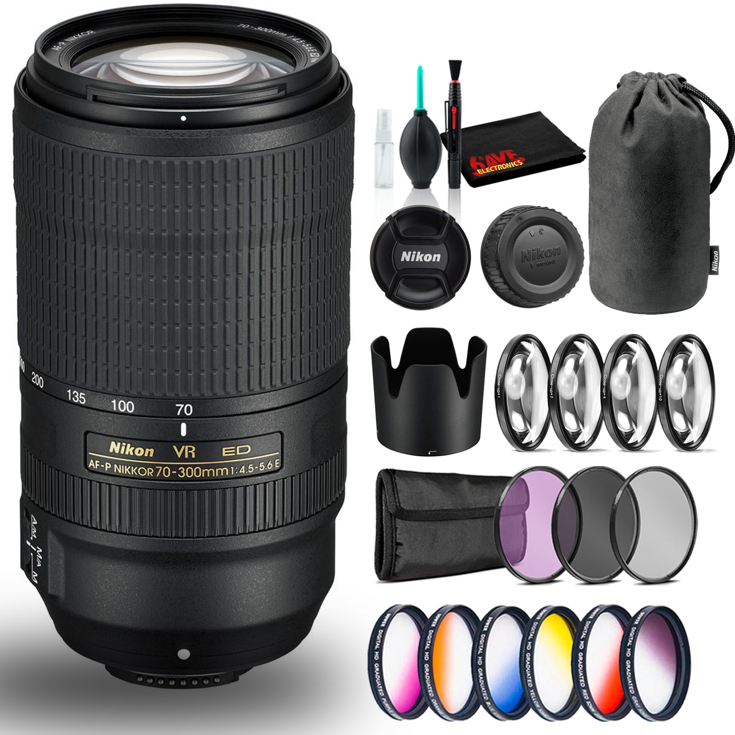 Nikon AF-P NIKKOR 70-300mm ED VR Lens (Intl Model) With Filter and Cleaning Kit Bundle