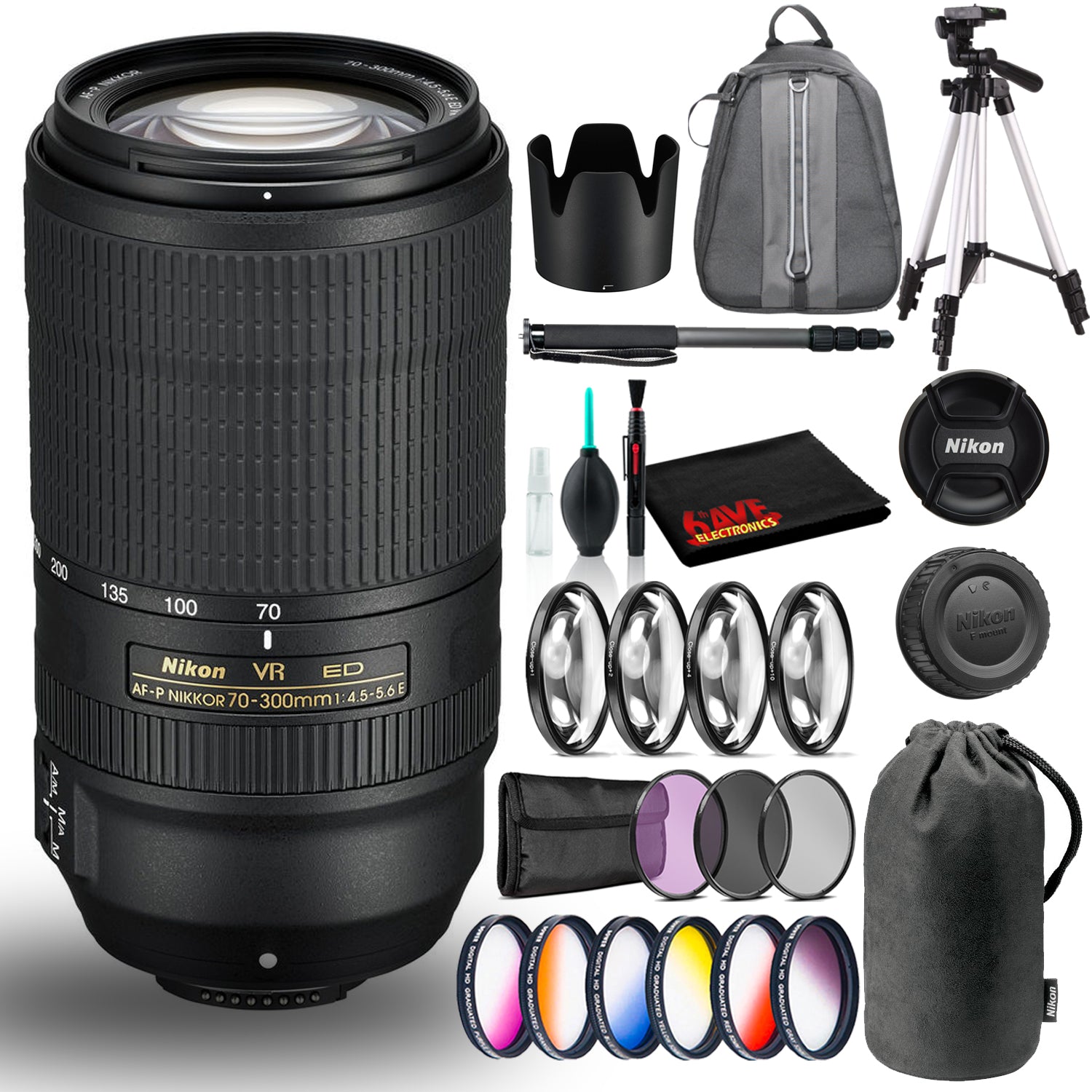 Nikon AF-P NIKKOR 70-300mm f/4.5-5.6E ED VR Lens (Intl Model) Bacpack Bundle