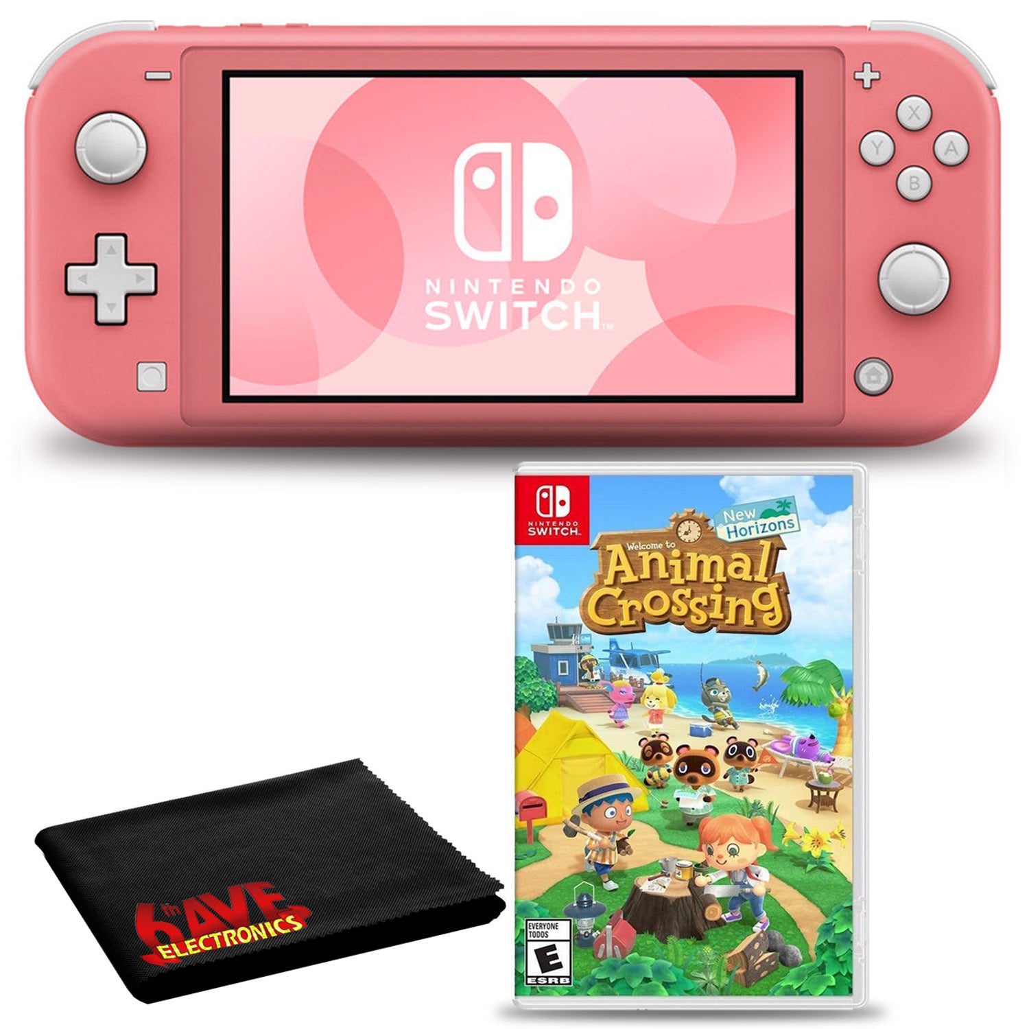 Nintendo Switch Lite (Coral) Bundle with Animal Crossing + 6Ave Fiber Cloth
