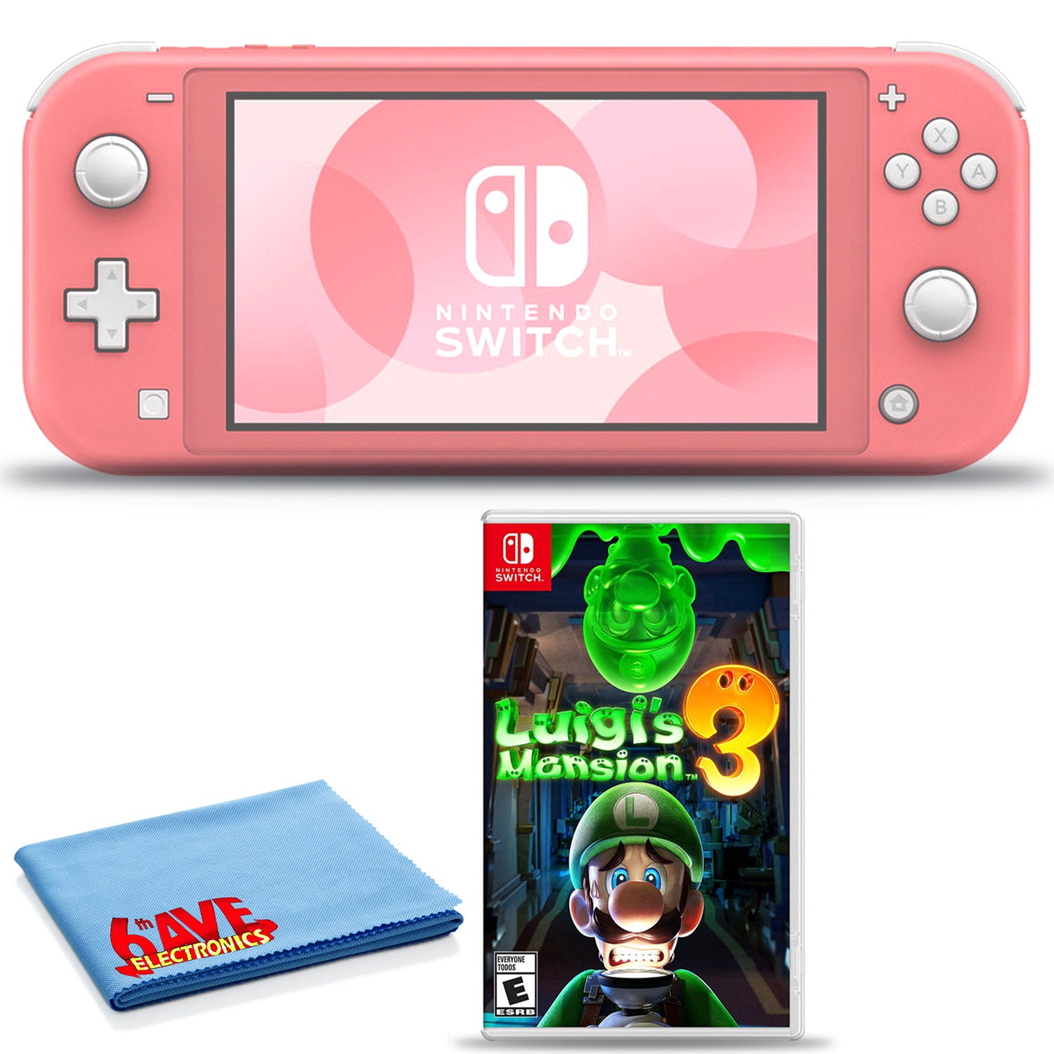 Nintendo Switch Lite Bundle with 6Ave Cleaning Cloth and Luigi's Mansion 3