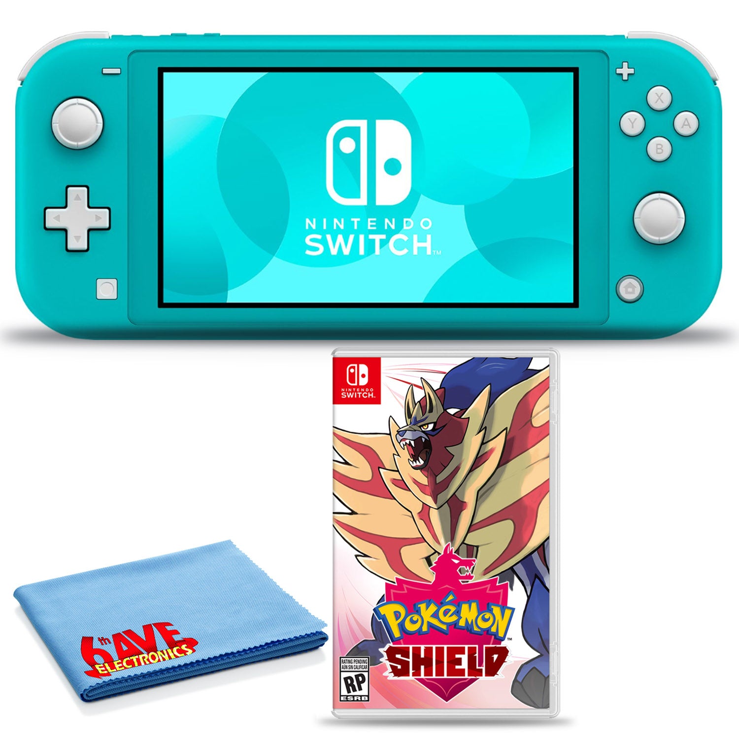 Nintendo Switch Lite (Turquoise) Bundle with 6Ave Cleaning Cloth + Pokemon Shield
