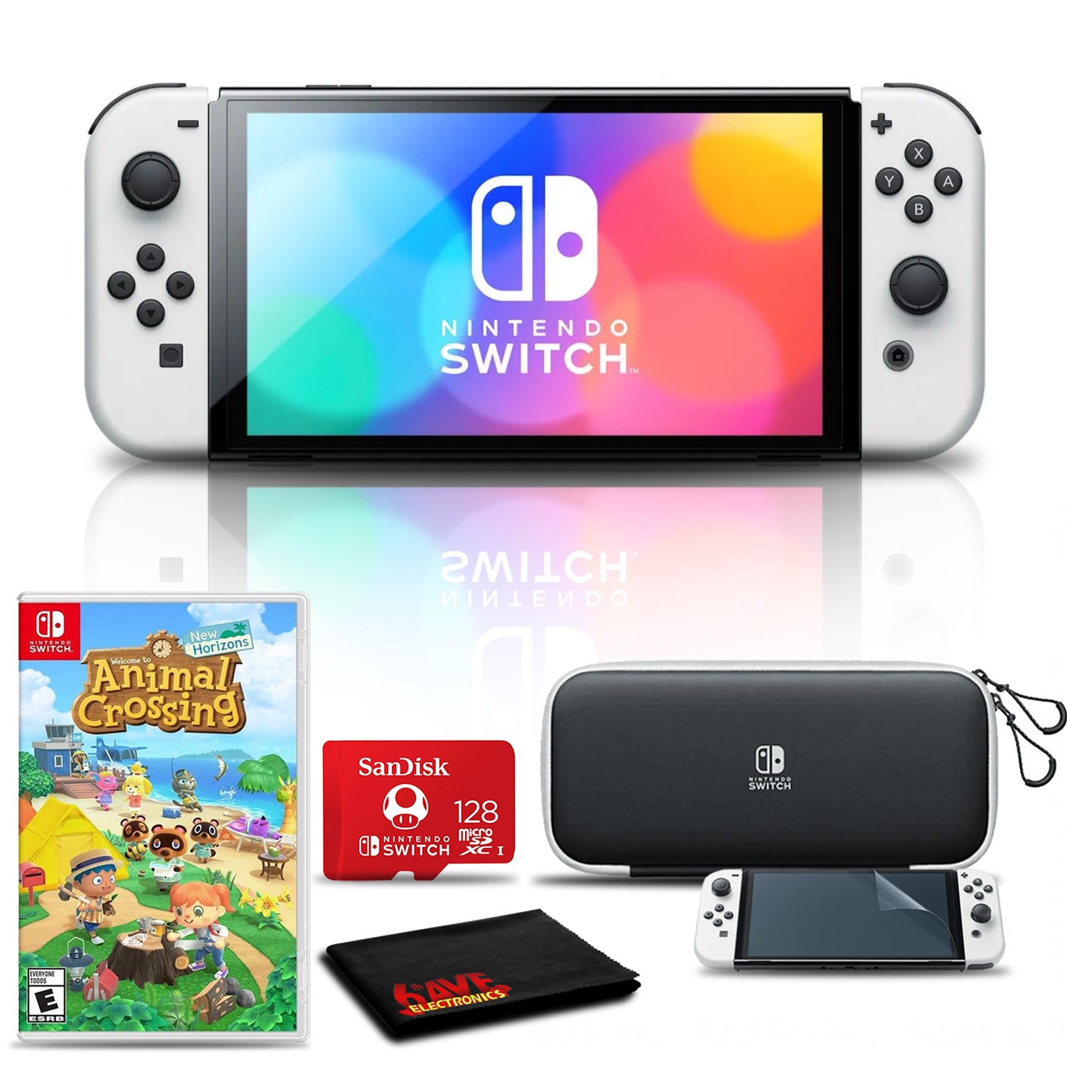 Nintendo Switch OLED White with Animal Crossing, 128GB Card Bundle