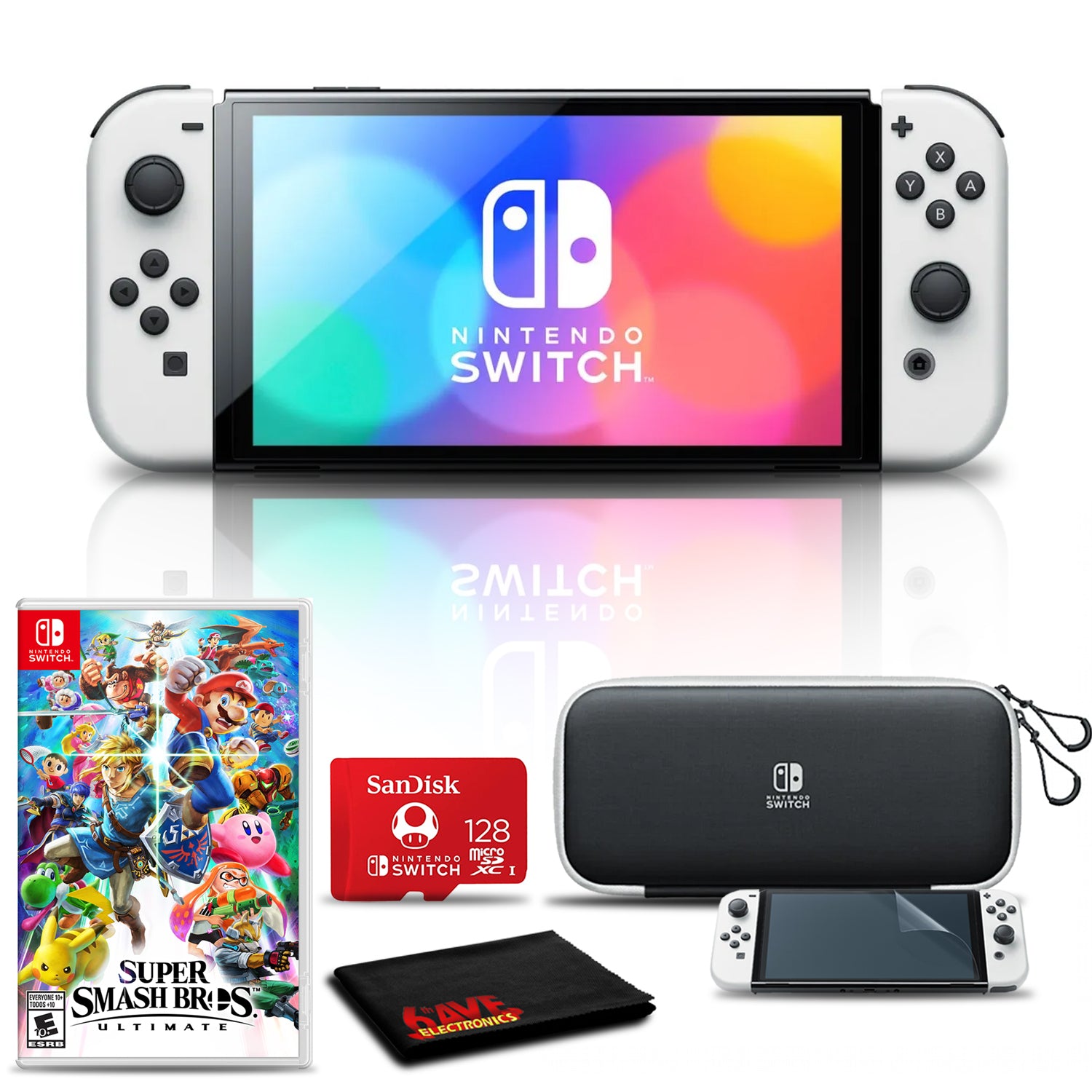 Nintendo Switch OLED White with Super Smash Bros, 128GB Card Bundle