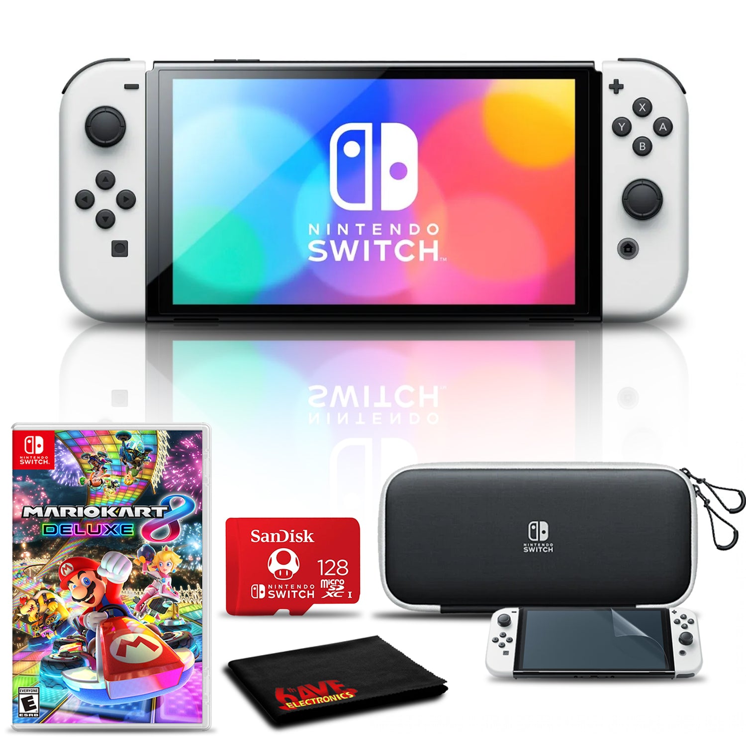 Nintendo Switch OLED White with Mario Kart 8 Deluxe, 128GB Card Bundle