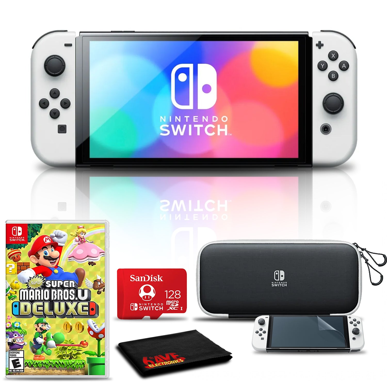 Nintendo Switch OLED White with Super Mario Bros U Deluxe, 128GB Card Bundle