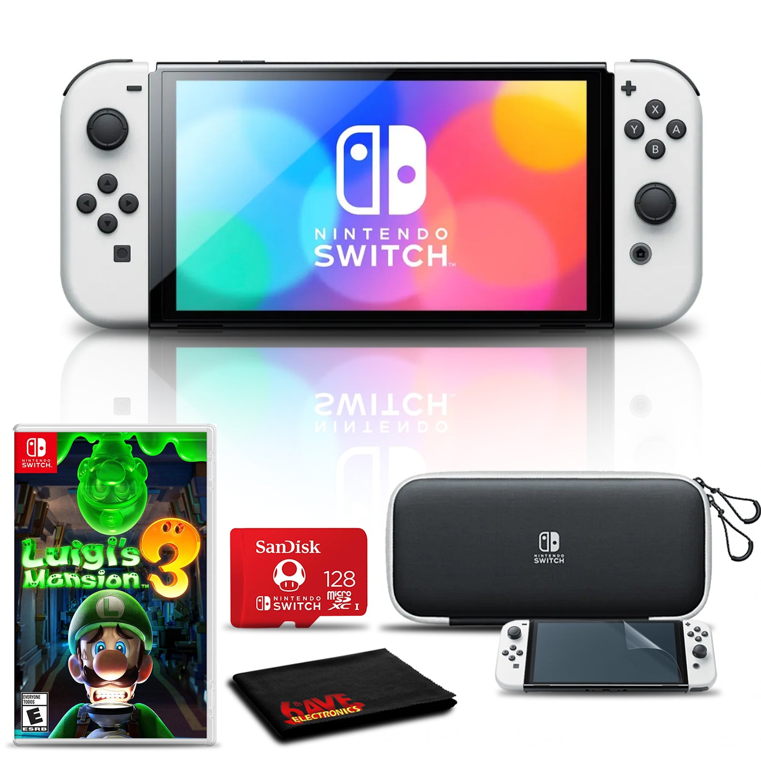 Nintendo Switch OLED White with Luigi's Mansion 3, 128GB Card, and More