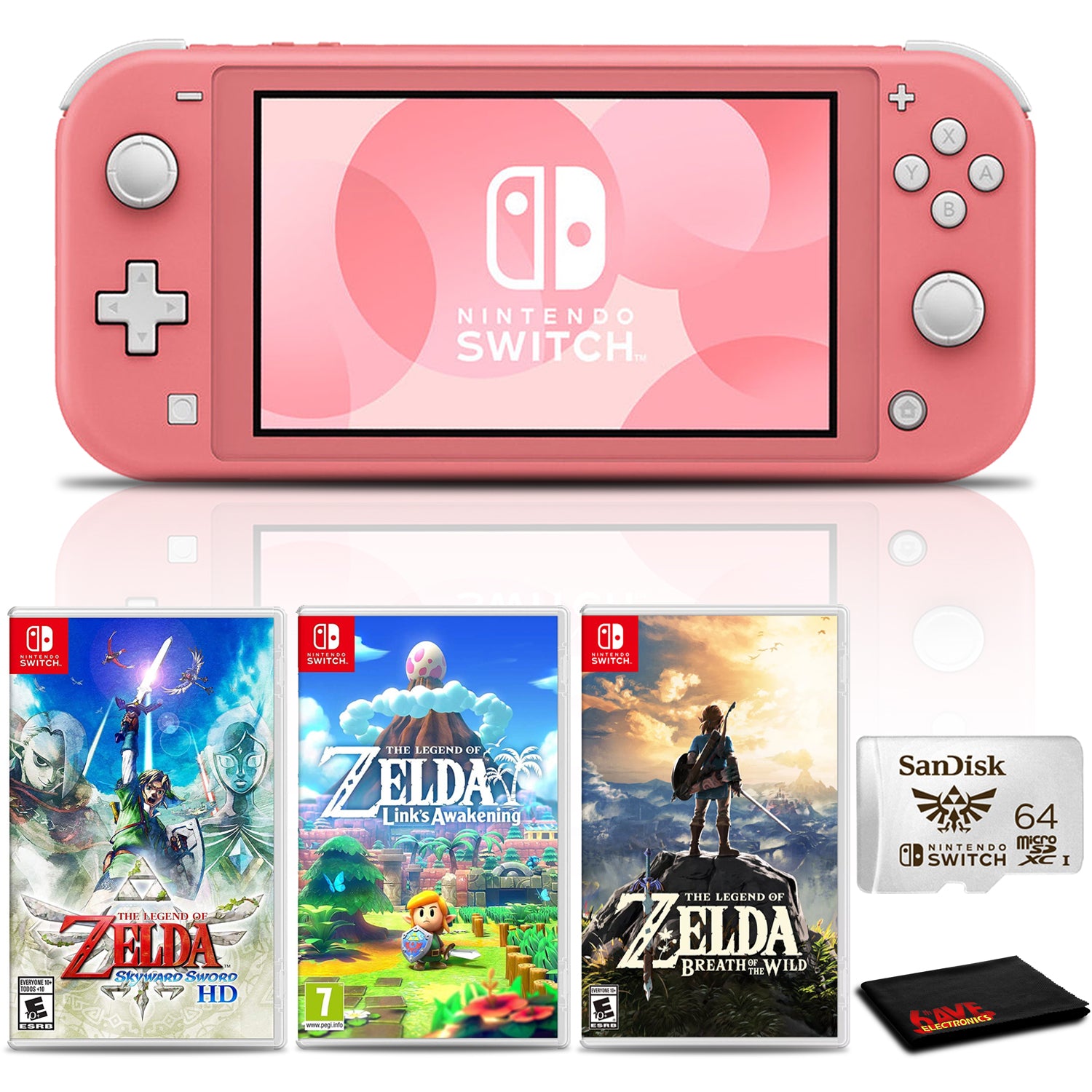 Nintendo Switch Lite Console (Coral) with 64GB microSD and 3-Pk Zelda Games