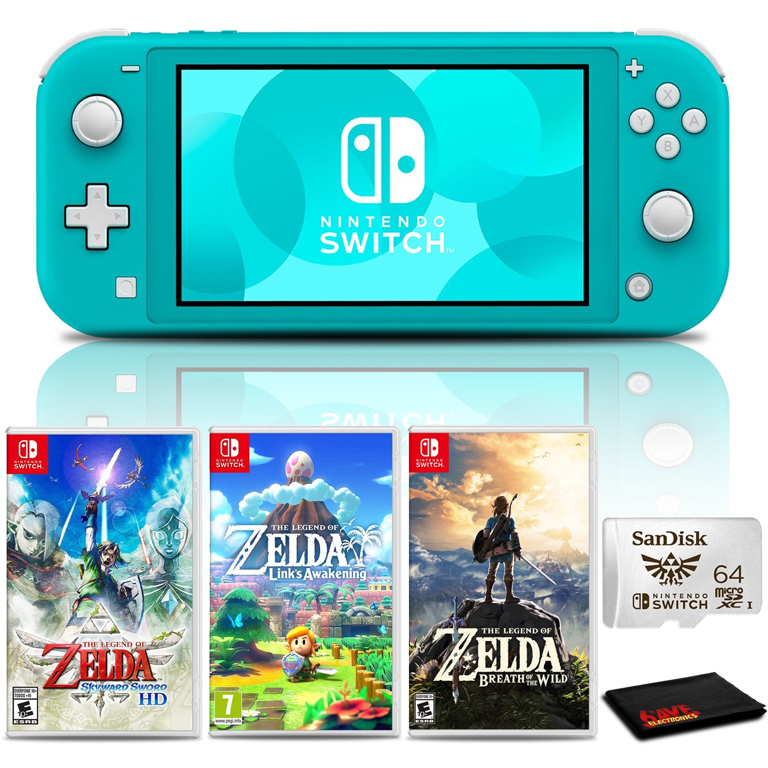Nintendo Switch Lite Console (Turquoise) with 64GB microSD and 3-Pk Zelda Games