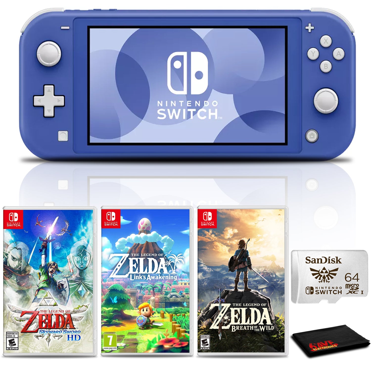 Nintendo Switch Lite Console (Blue) with 64GB microSD and 3-Pk Zelda Games