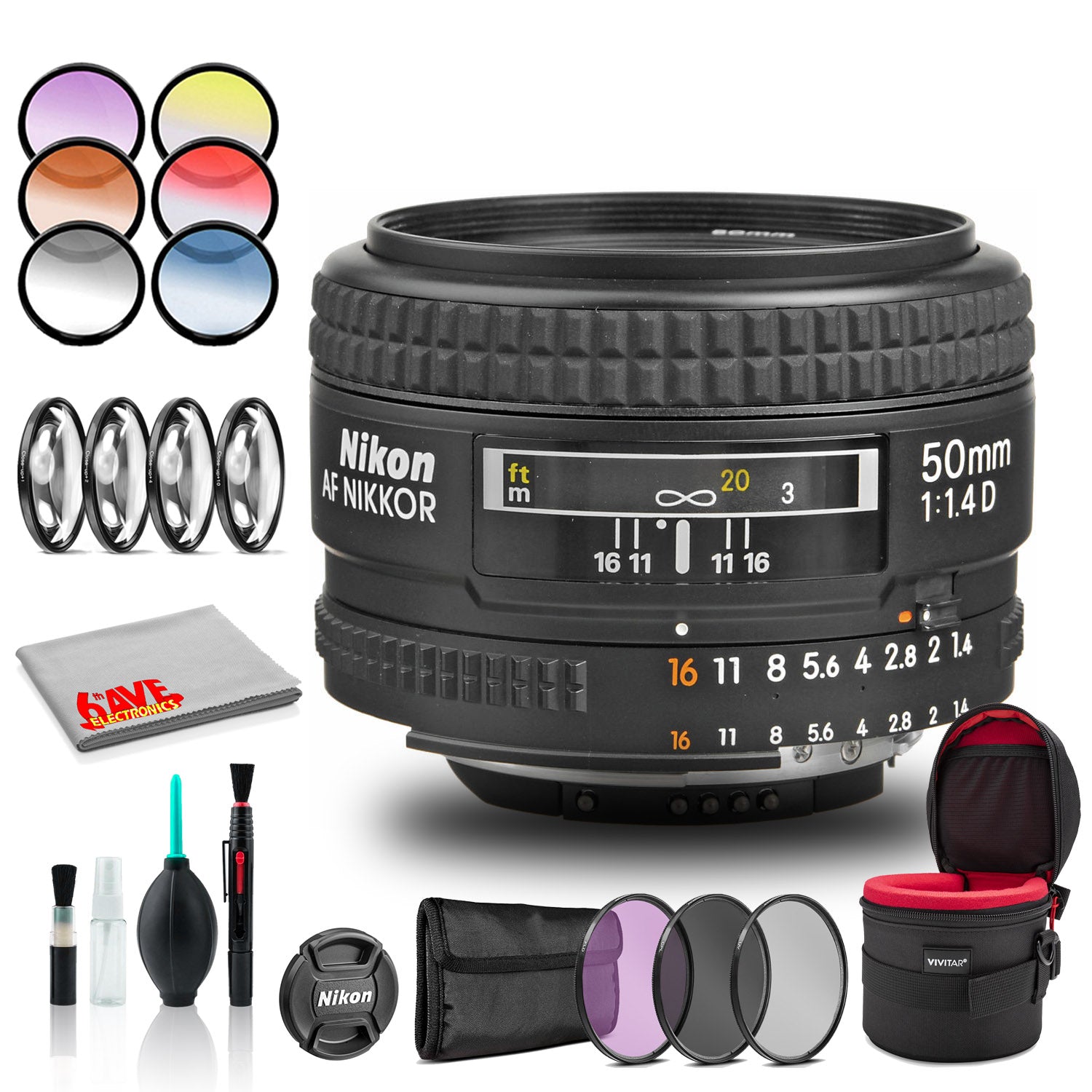 Nikon AF NIKKOR 50mm f/1.4D Lens (INTL Model) Includes Case and Filter Kits Bundle