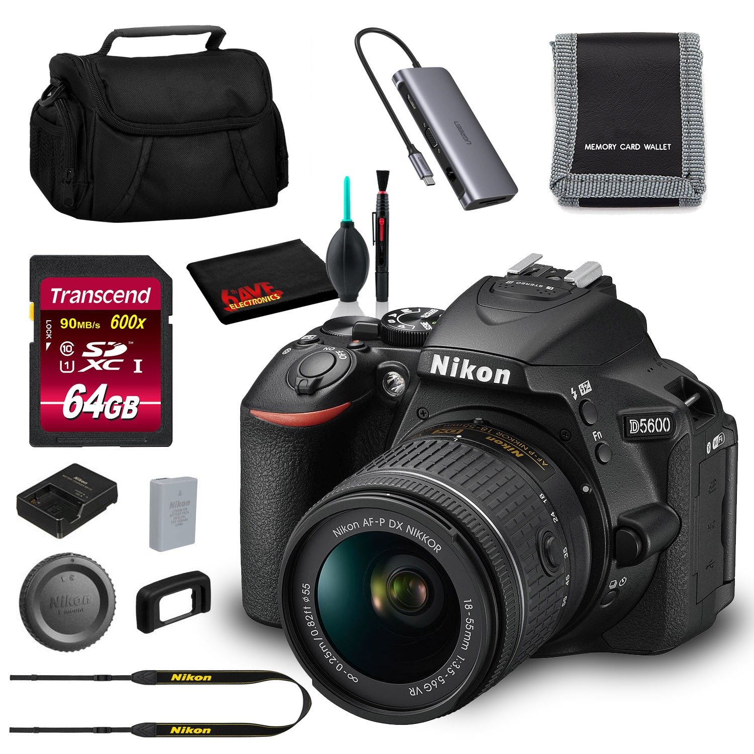 Nikon D5600 DSLR Camera with 18-55mm Lens (Intl Model) and 64GB Memory Bundle