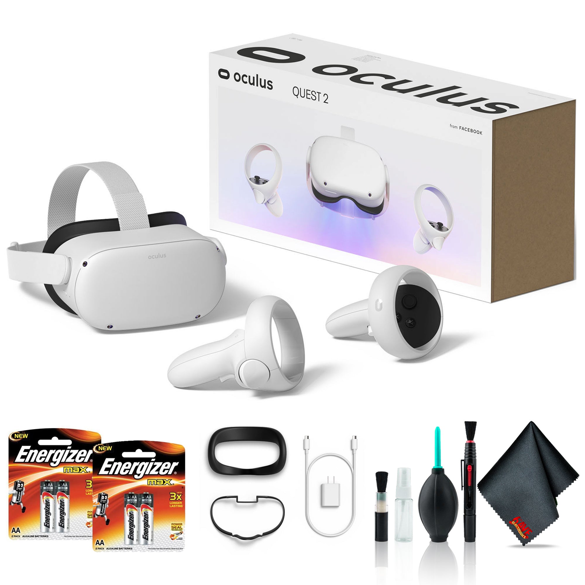 Meta Quest 2 Advanced VR Headset 128GB White Bundle with Extra Batteries and 6Ave Cleaning Kit