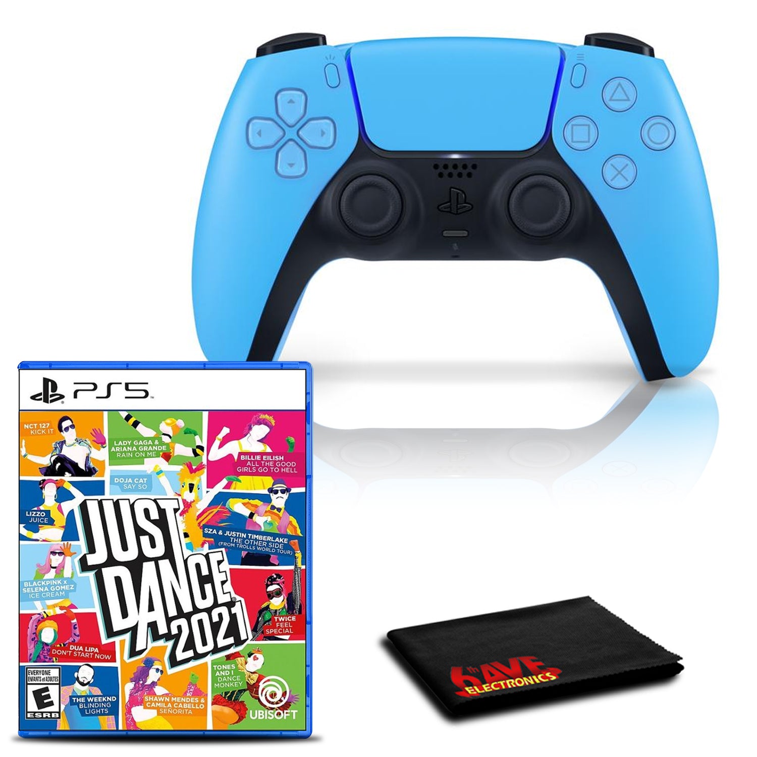 PlayStation 5 DualSense Wireless Controller (Starlight Blue) with Just Dance 2021 and 6Ave Cleaning Cloth