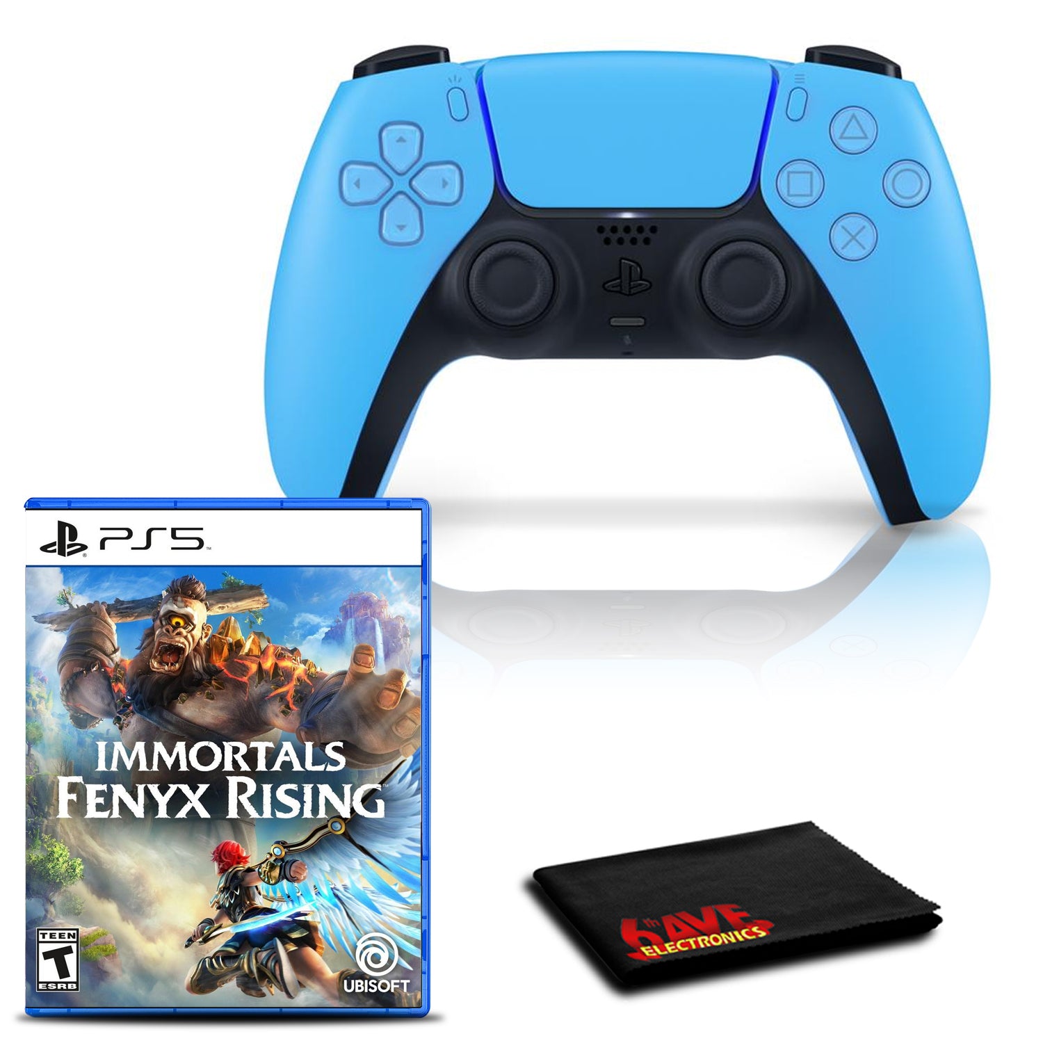 PlayStation 5 DualSense Wireless Controller (Starlight Blue) with Immortals Fenyx Rising and 6Ave Cleaning Cloth