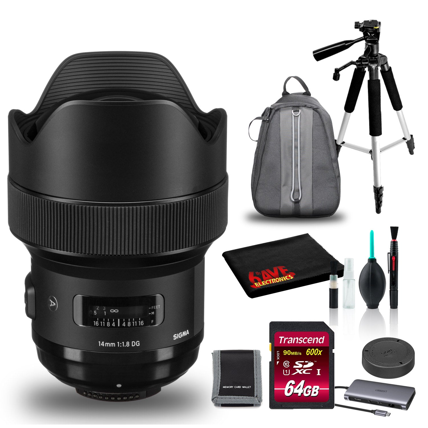 Sigma 14mm f/1.8 DG HSM Art Lens for Nikon F with Backpack, Tripod, and 64GB SD
