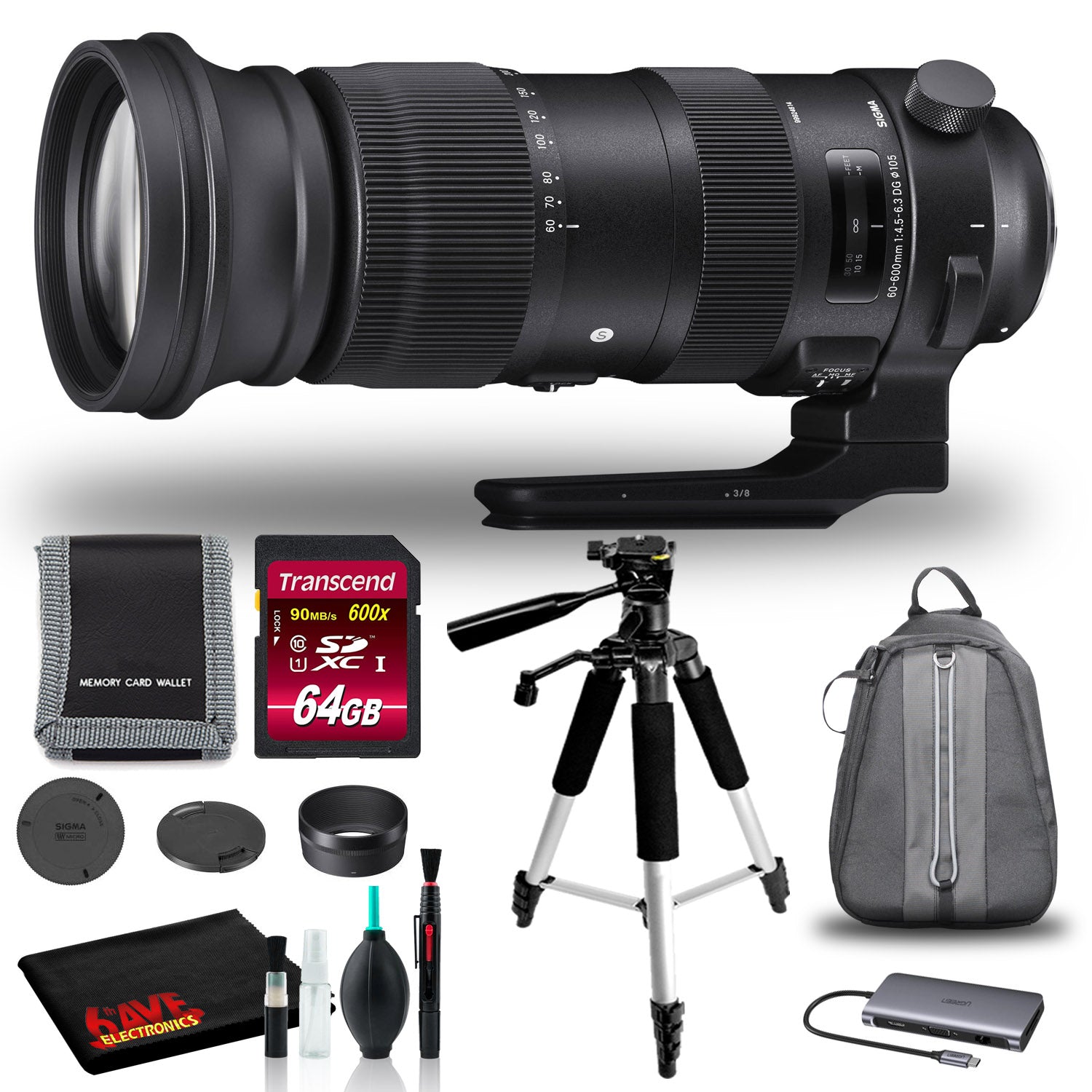 Sigma 60-600mm DG OS HSM Sports Lens for Nikon F with 64GB SD, Bag, and More