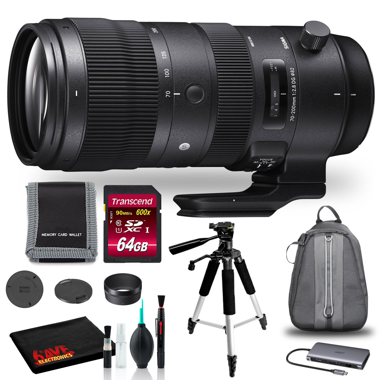 Sigma 70-200mm DG OS HSM Sports Lens for Nikon F with Backpack, 64GB SD Bundle