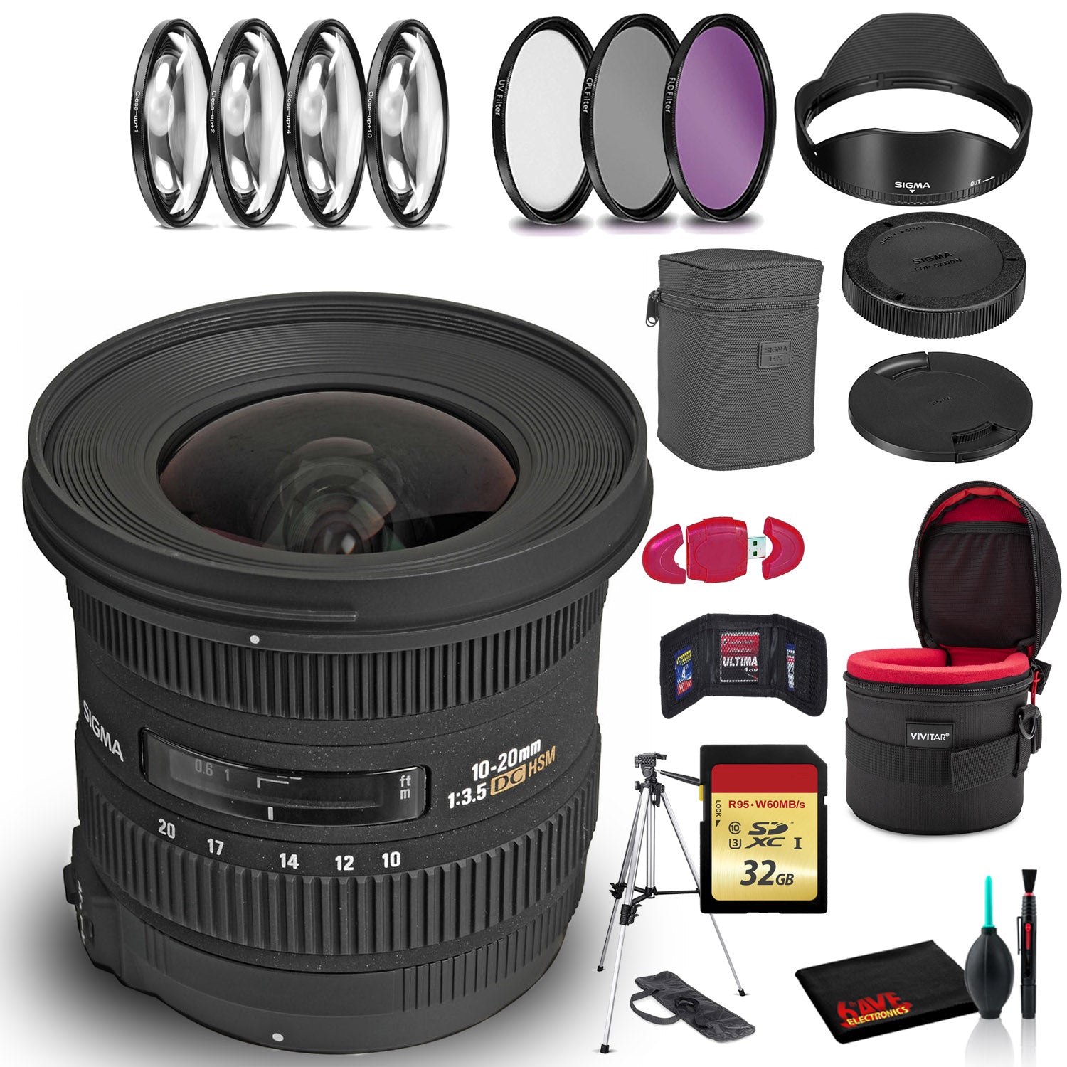 Sigma 10-20mm f/3.5 EX DC HSM Lens for Nikon F with Cleaning Kit, Tripod, 32GB Memory, Filter Kits, and Padded Lens Case Bundle