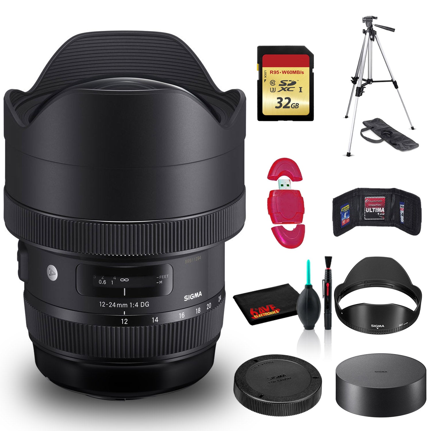 Sigma 12-24mm f/4 DG HSM Art Lens for Canon EF with Cleaning Kit, 57" Full Size Tripod, and 32GB Memory Card Kit