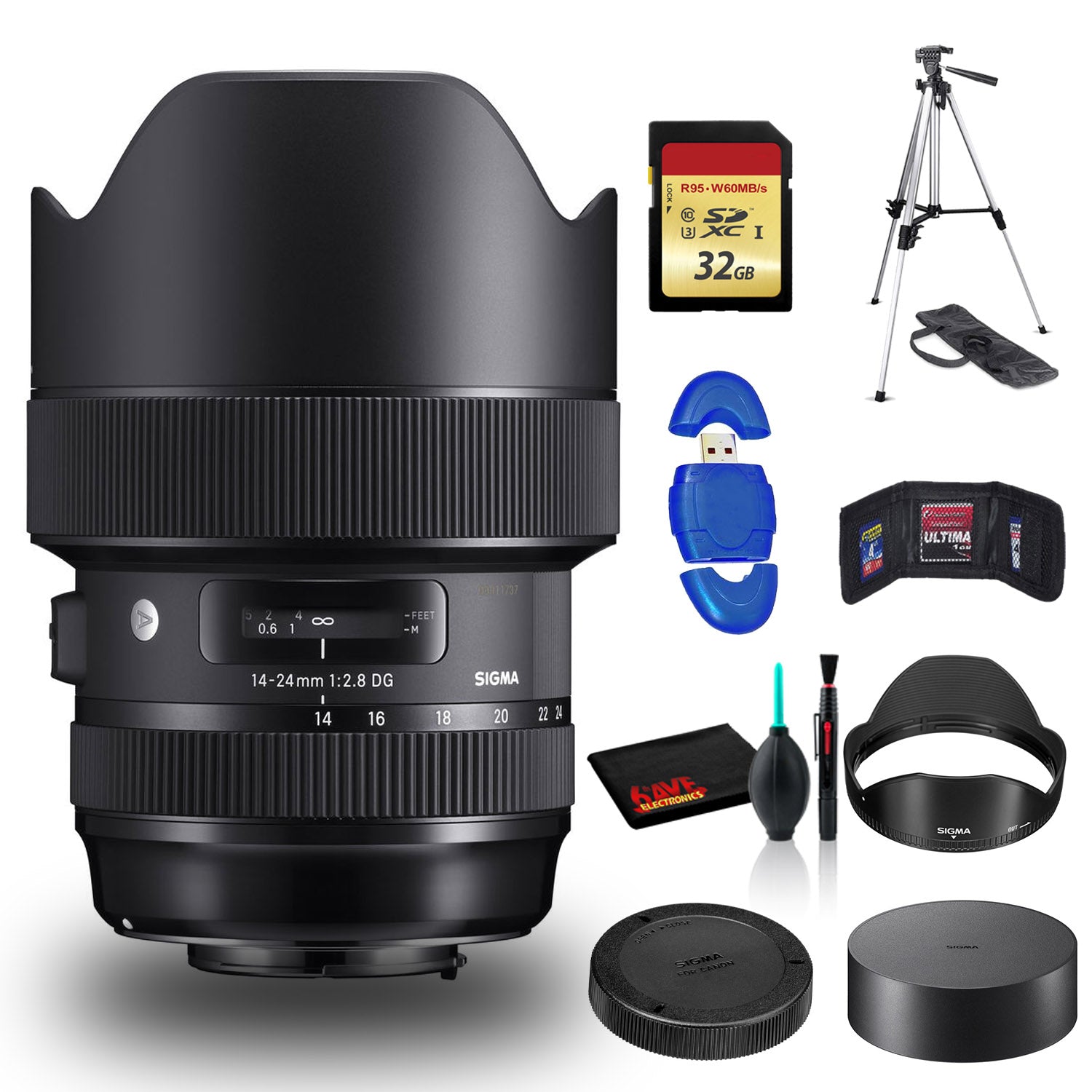 Sigma 14-24mm f/2.8 DG HSM Art Lens for Canon EF with Cleaning Kit, Full Size Tripod, and 32GB Memory Kit Bundle