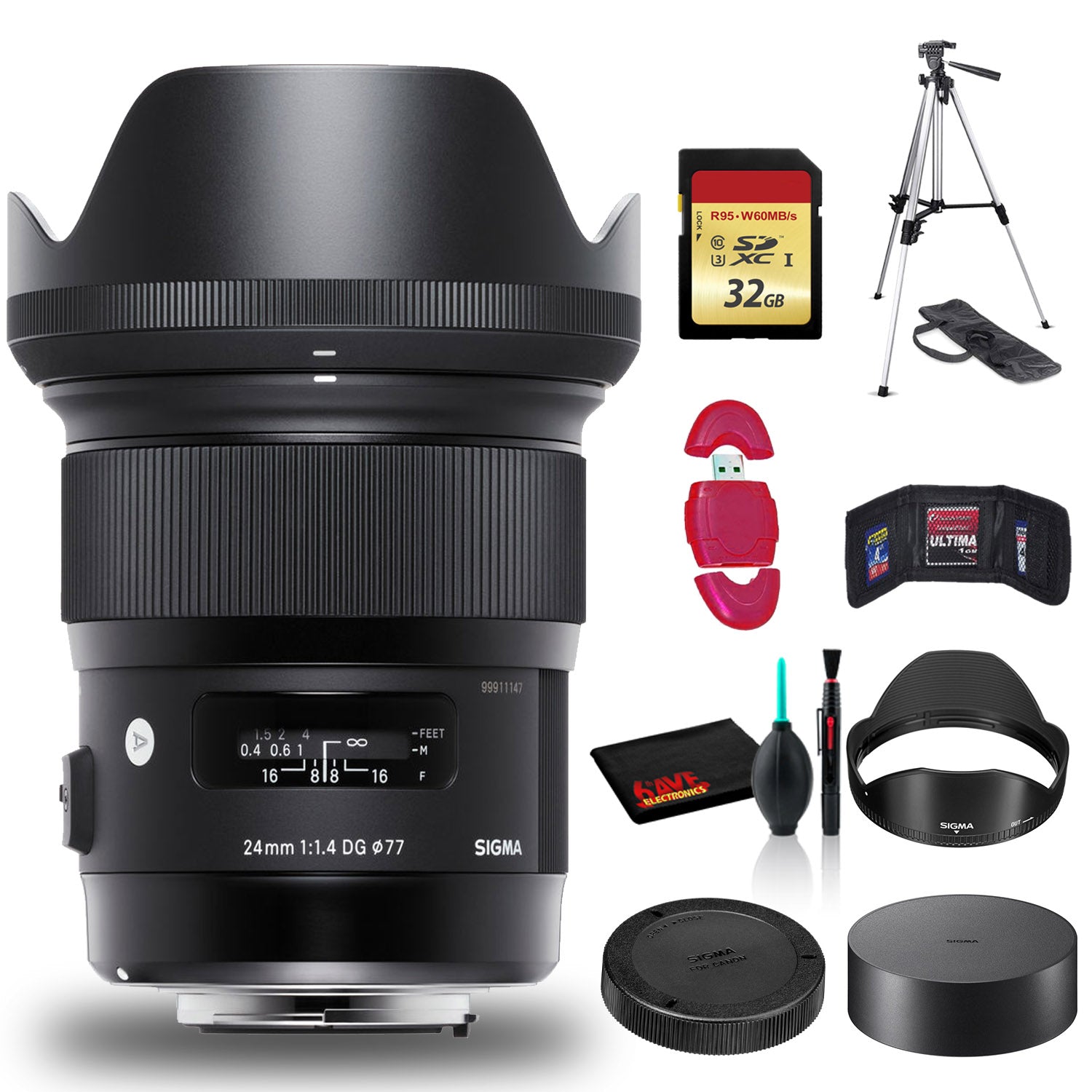 Sigma 20mm f/1.4 DG HSM Art Lens for Nikon F with Cleaning Kit, Full Size Tripod, USB Card Reader, and 32GB Memory Kit