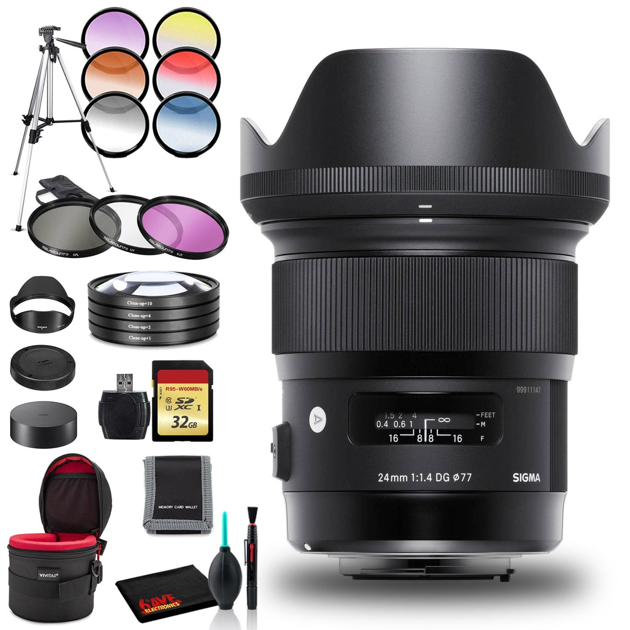 Sigma 24mm f/1.4 DG HSM Art Lens for Canon EF with Cleaning Kit, Tripod, 32GB Memory Kit, Filter Kits, and Padded Case Sigma
