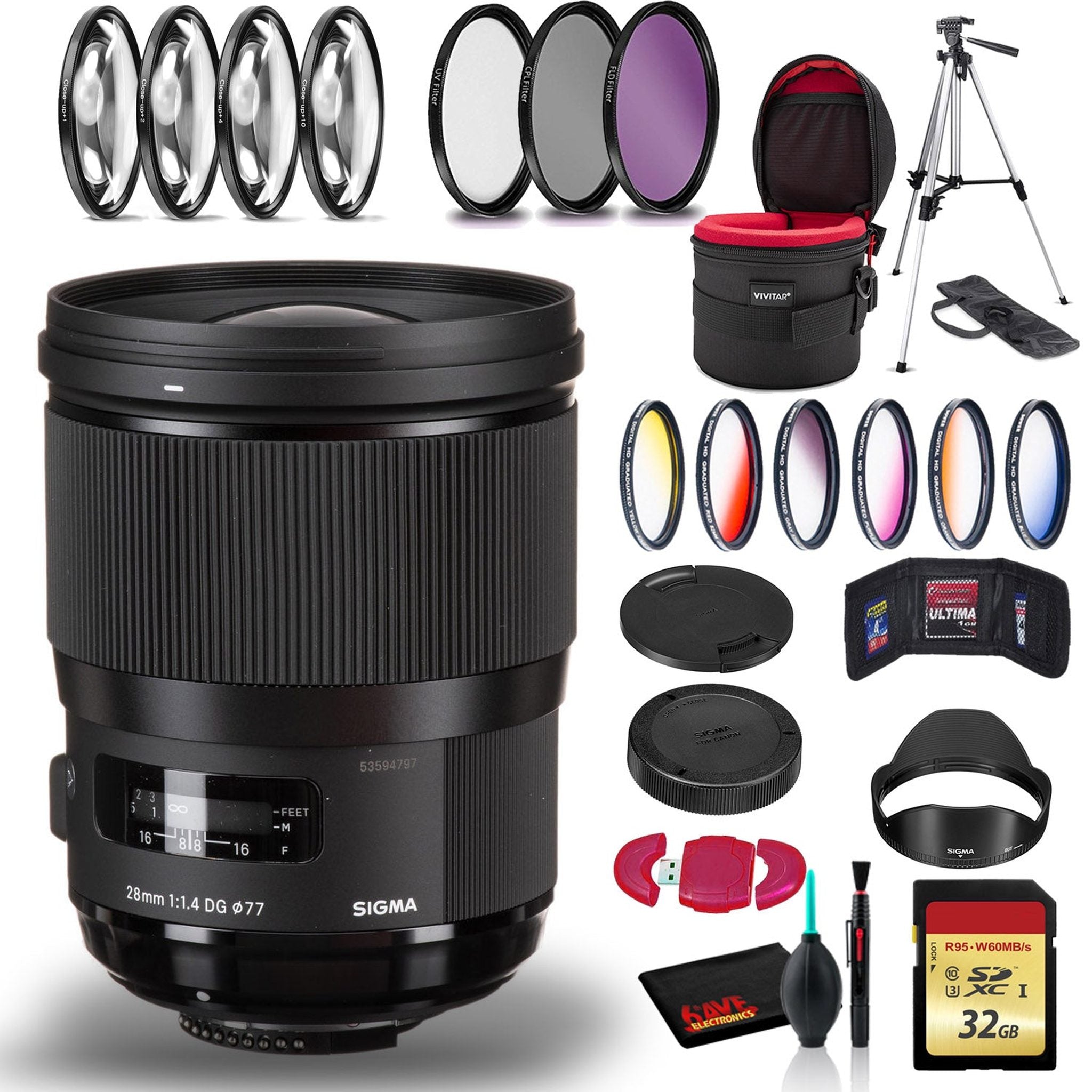 Sigma 28mm f/1.4 DG HSM Art Lens for Nikon F with Cleaning Kit, 57" Tripod, 32GB Memory Kit, Filter Kits, and Case Bundle