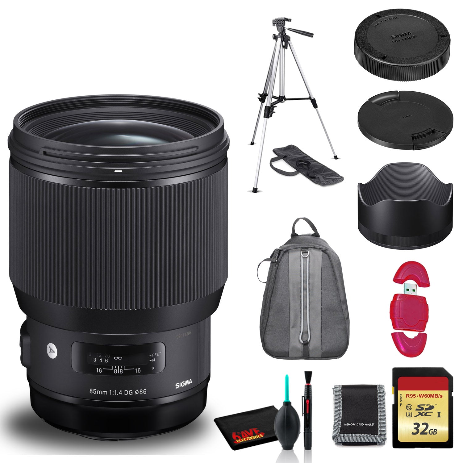 Sigma 85mm f/1.4 DG HSM Art Lens for Canon EF with Cleaning Kit, Tripod, 32GB Memory Kit, and Padded Backpack