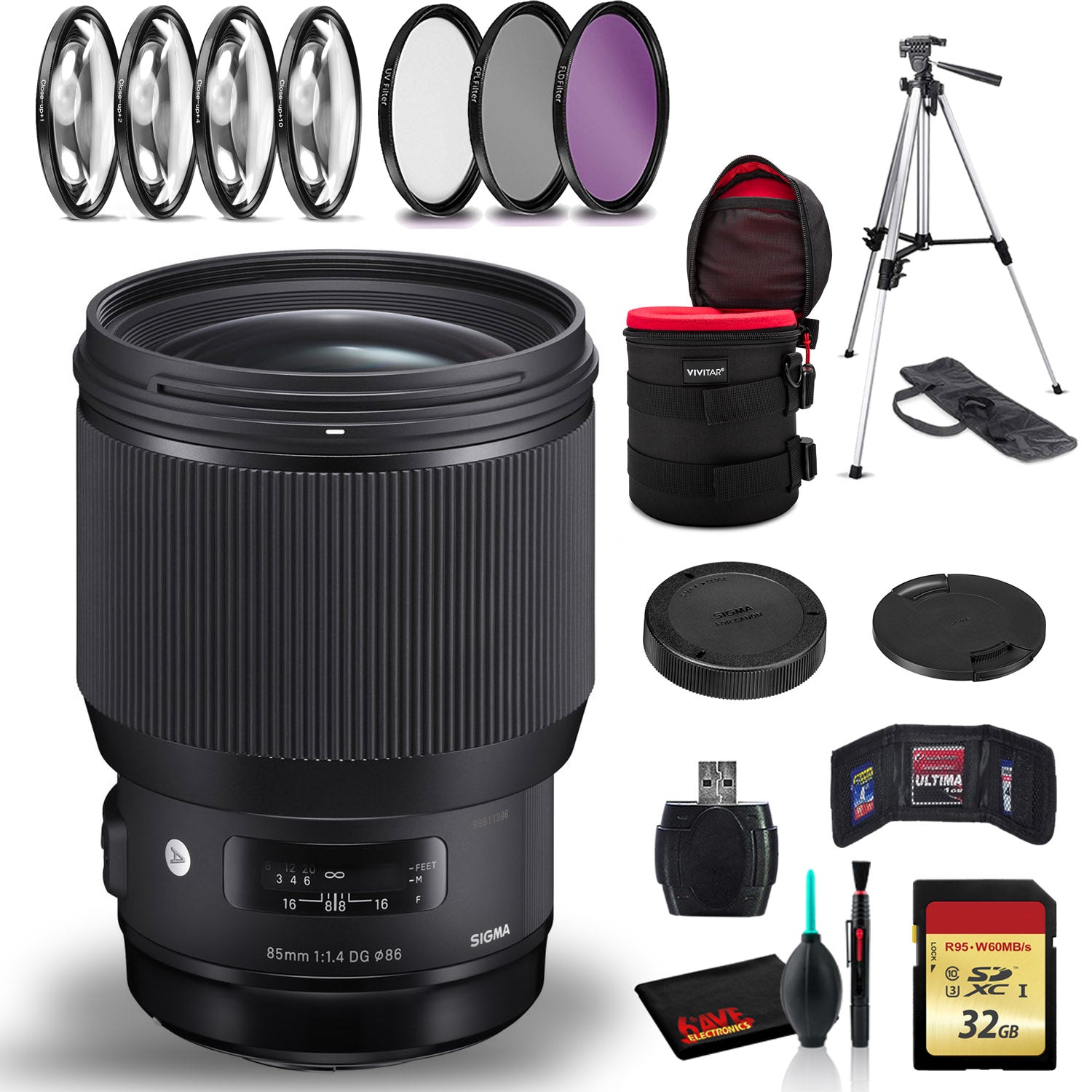 Sigma 85mm f/1.4 DG HSM Art Lens for Canon EF with Cleaning Kit, Full Size Tripod, 32GB Memory Kit, Filters, and Case