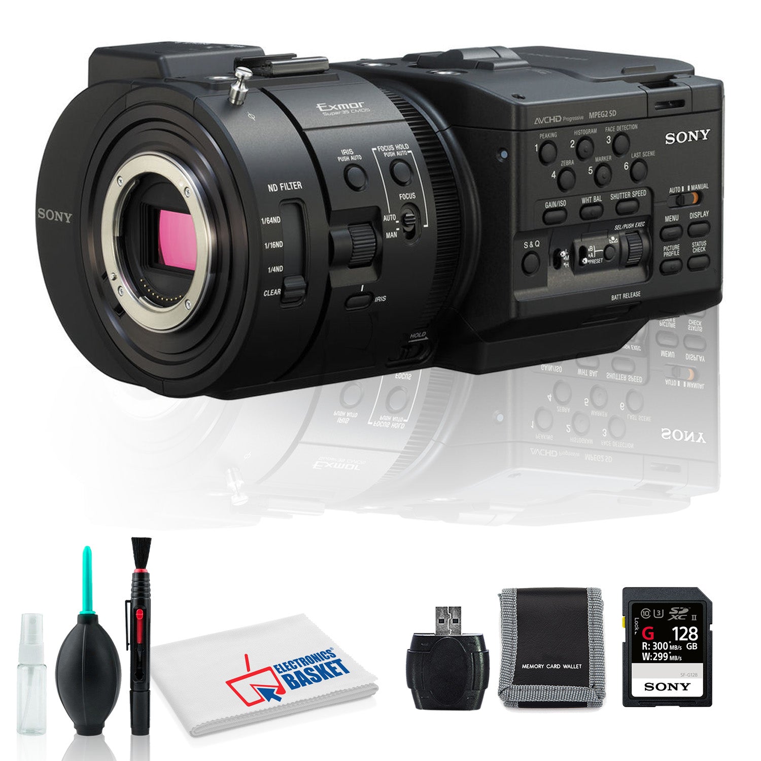 Sony NEX-FS700R Camcorder with Microfiber Cloth, Lens Cleaning Kit, and 128GB Memory Kit (Intl Model)