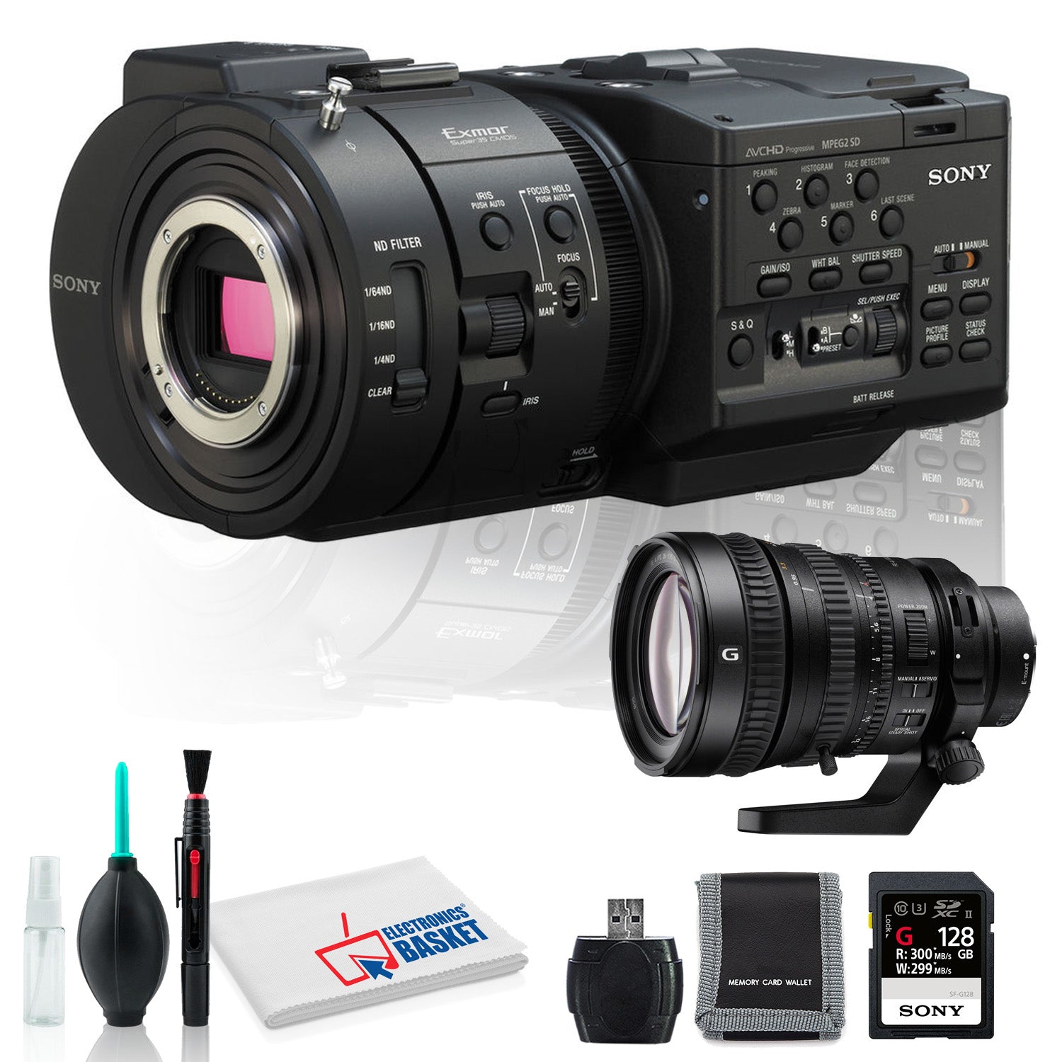 Sony NEX-FS700R Camcorder with Microfiber Cloth, Lens Cleaning Kit, 128GB Memory Kit, and Sony PZ 28-135mm f/4 G OSS Lens