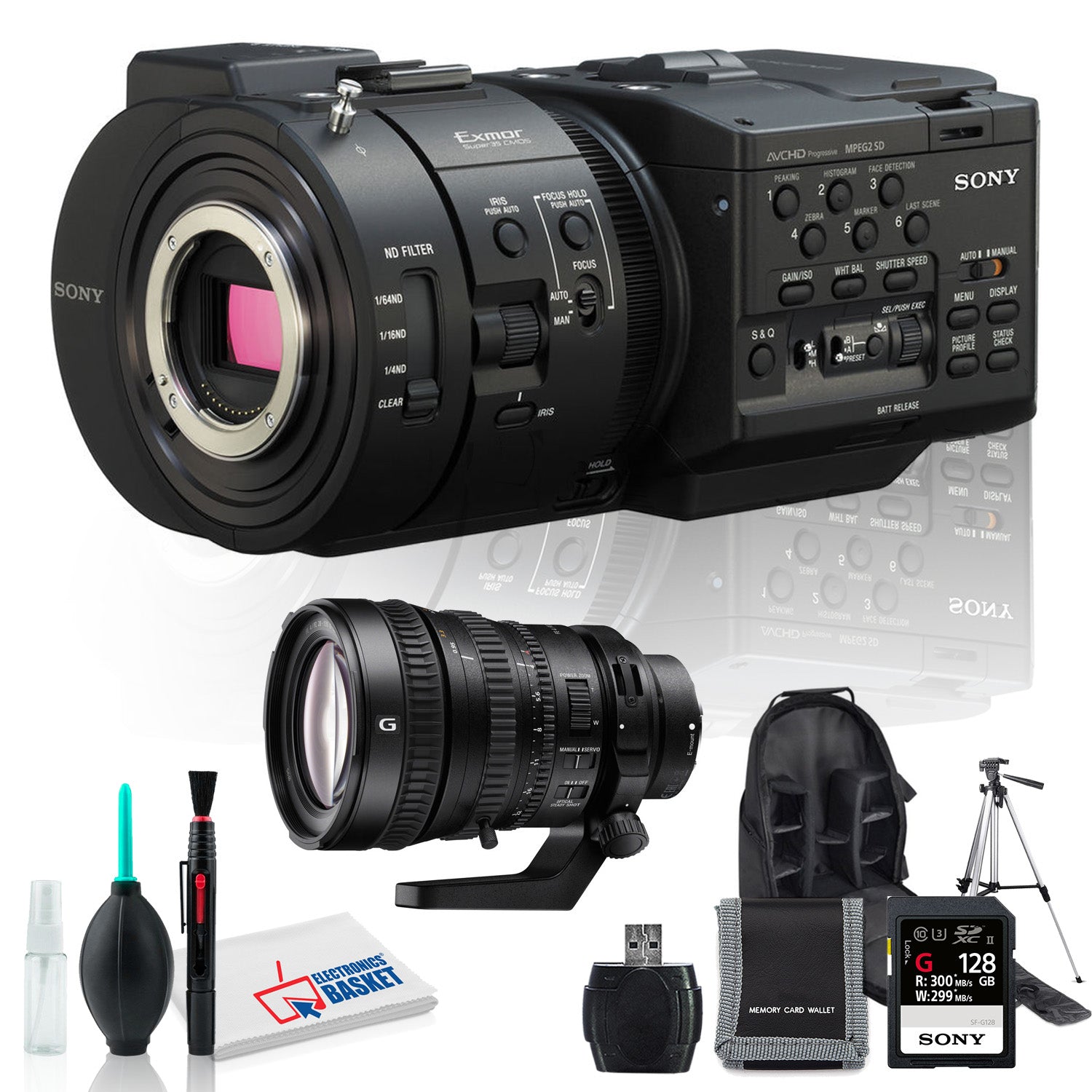 Sony NEX-FS700R Camcorder w/ Microfiber Cloth, Lens Cleaning Kit, 128GB Memory Kit, and Sony PZ 28-135mm f/4 G OSS Lens