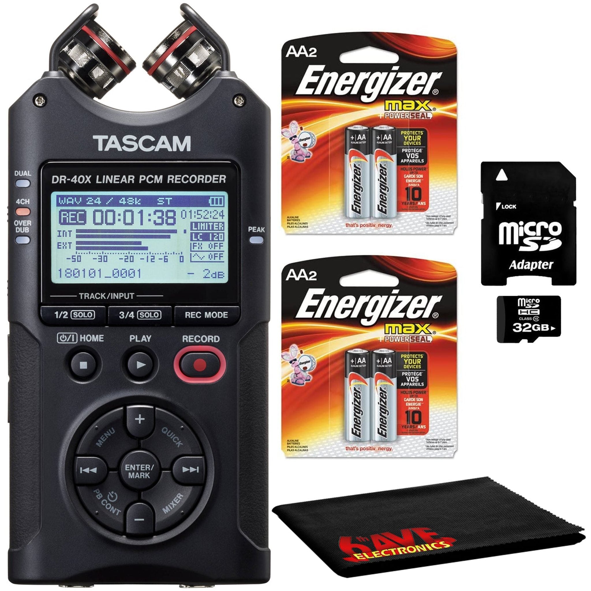 Tascam DR-40X 4-Channel 4-Track Audio Recorder + AA Batteries + 32GB SD + More Tascam